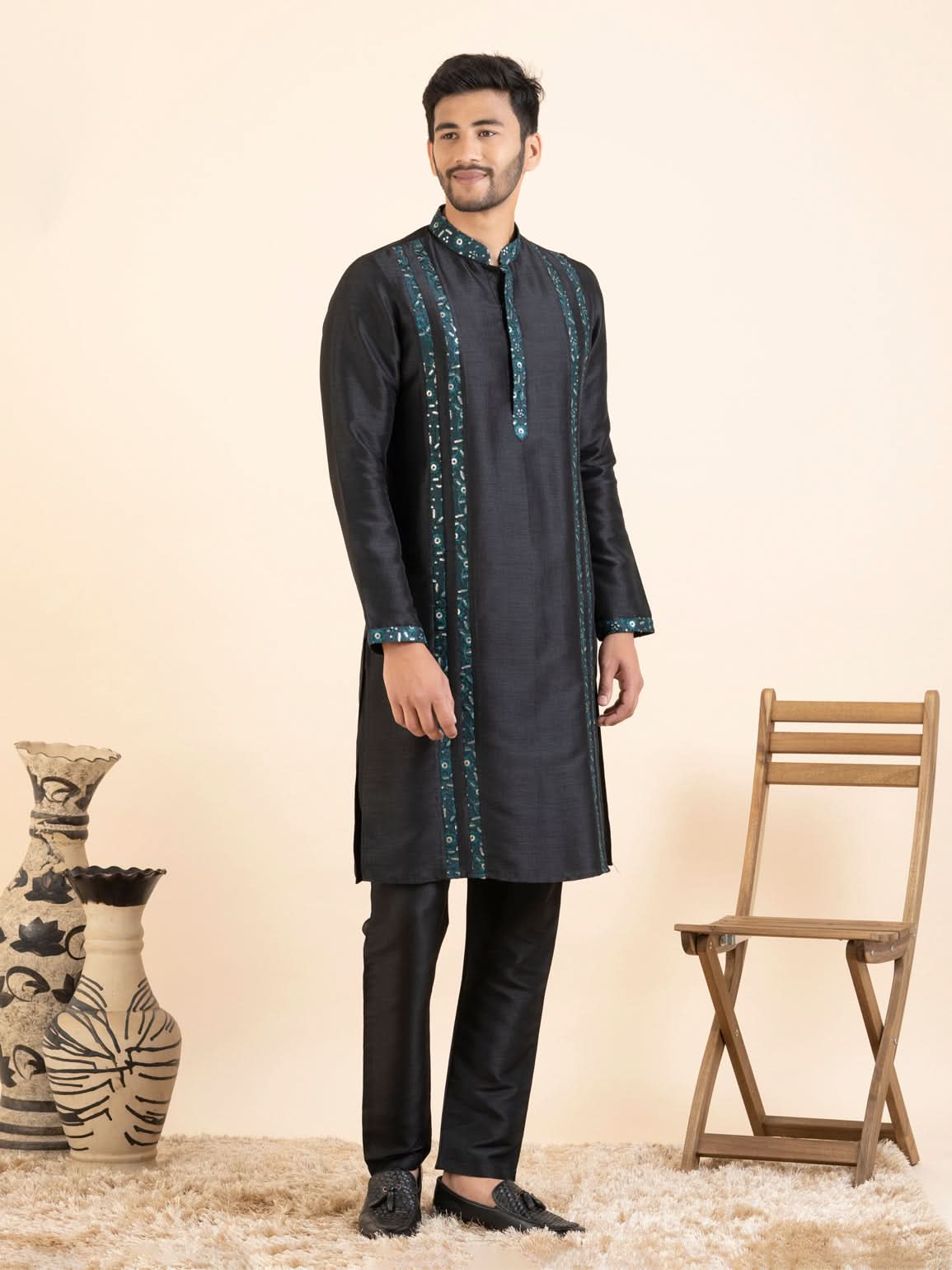 Green Embroidered  Jacket Kurta Set