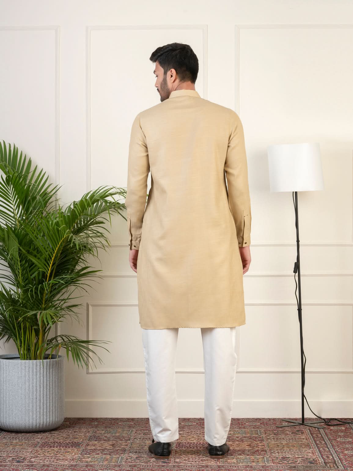 Beige Cotton Pathani Kurta Set with Patch pocket