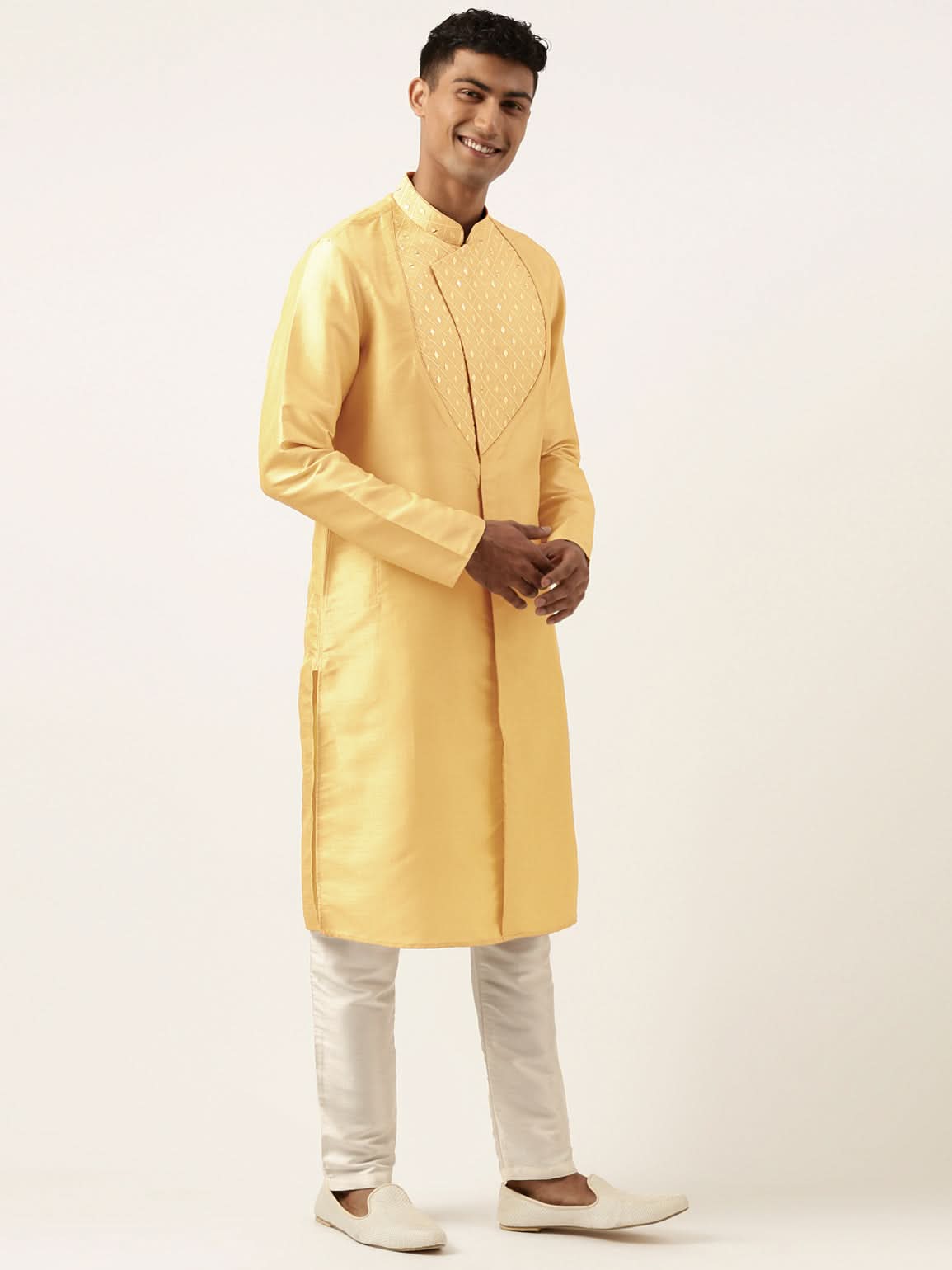 Yellow Embroidery Angrakha Kurta Set
