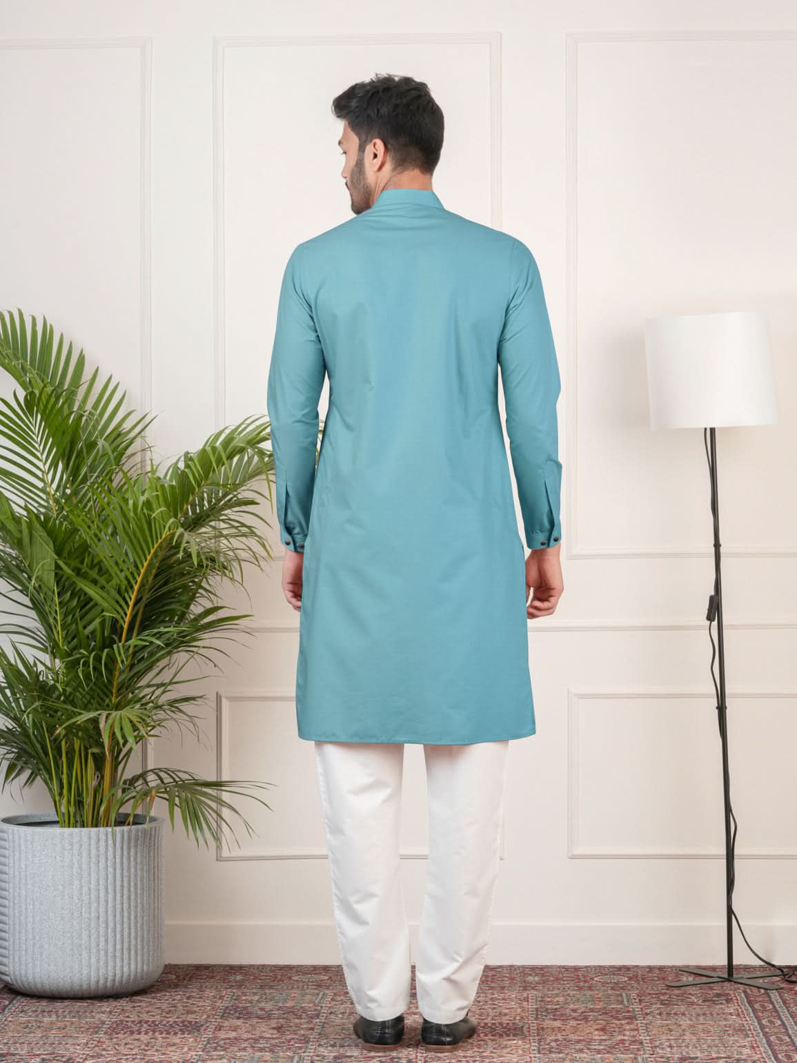 Teal Cotton Pathani Kurta Set with Patch pocket