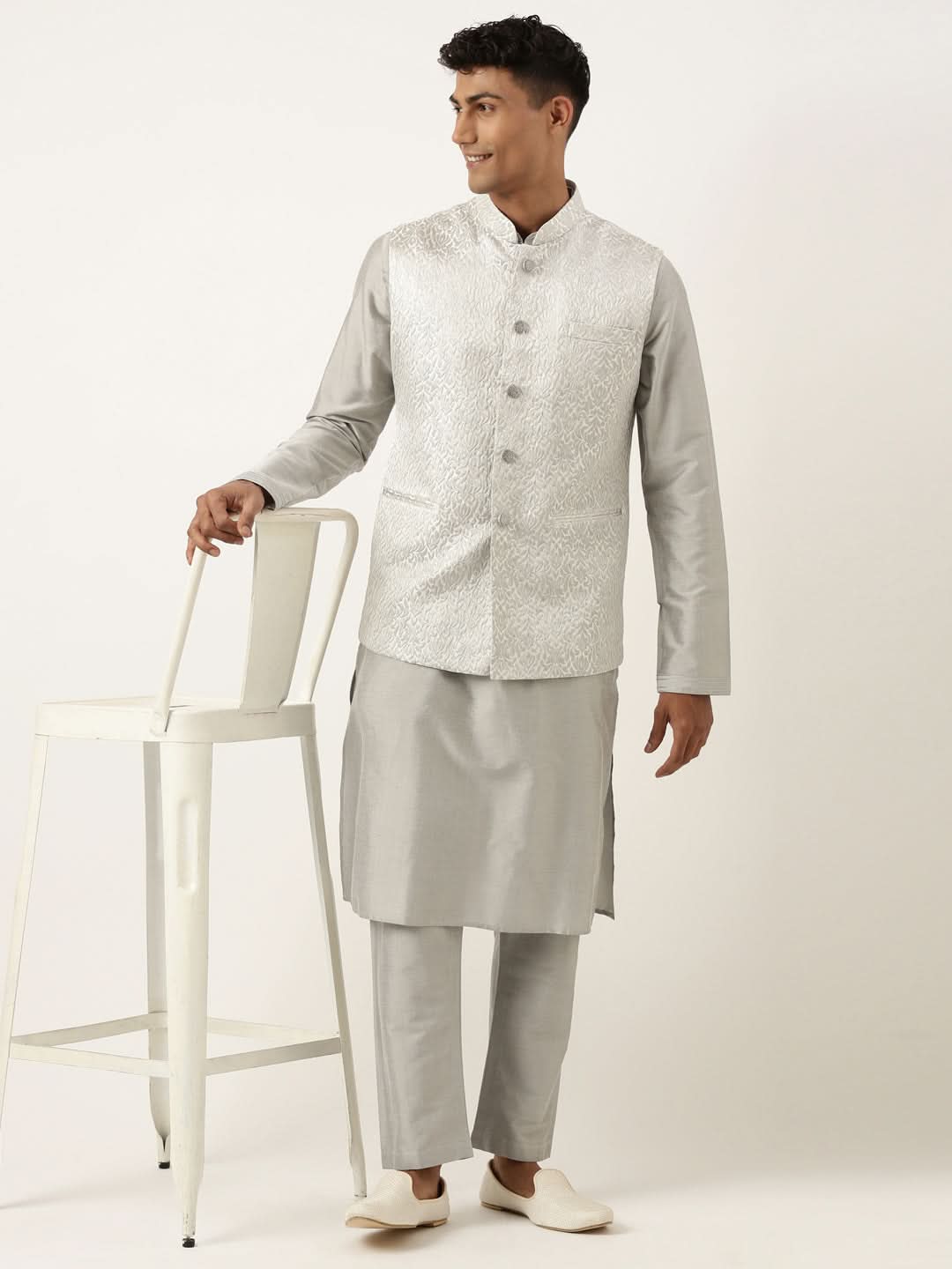Steel Grey Jacquard Jacket With  Grey kurta