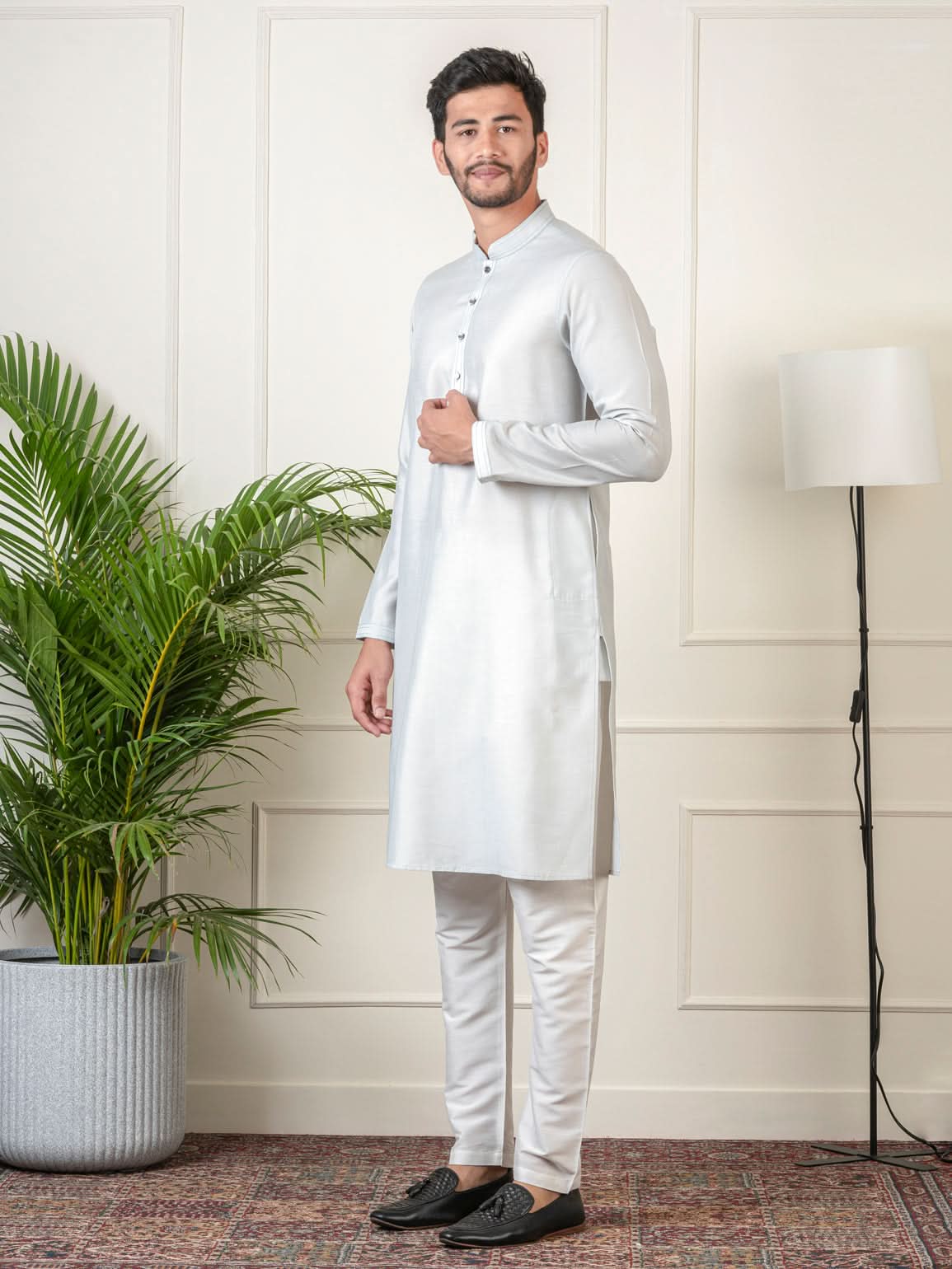 Ivory Grey Jacquard  Jacket Kurta Set