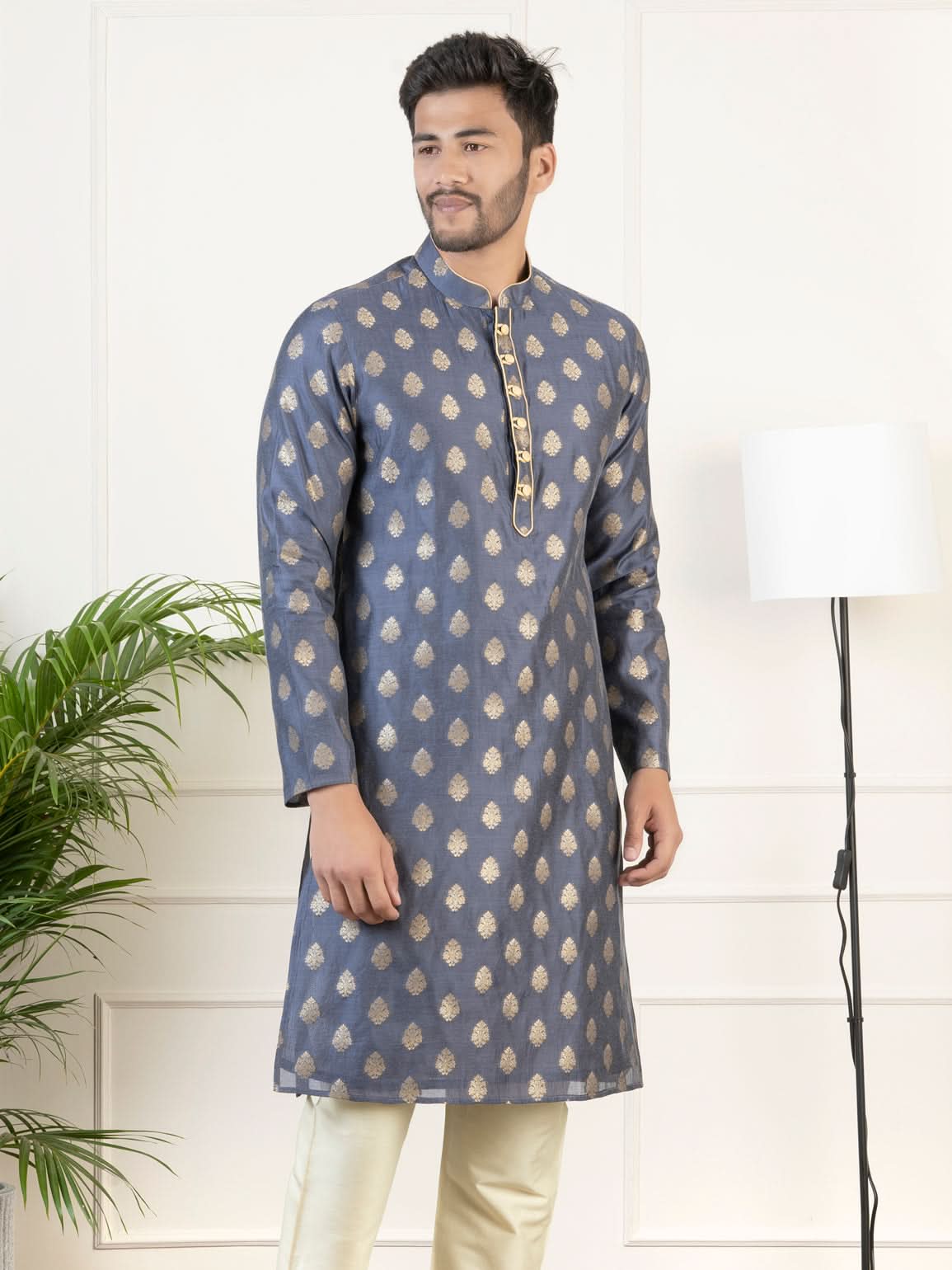Navy Jacquard  Golden Booti Chanderi Silk Kurta Set