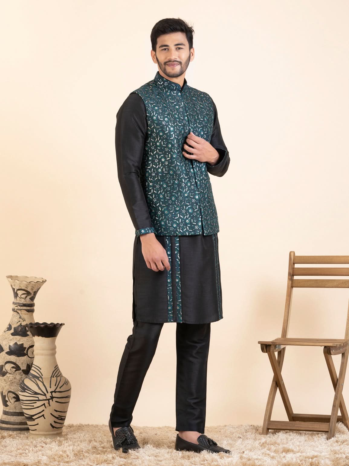 Green Embroidered  Jacket Kurta Set