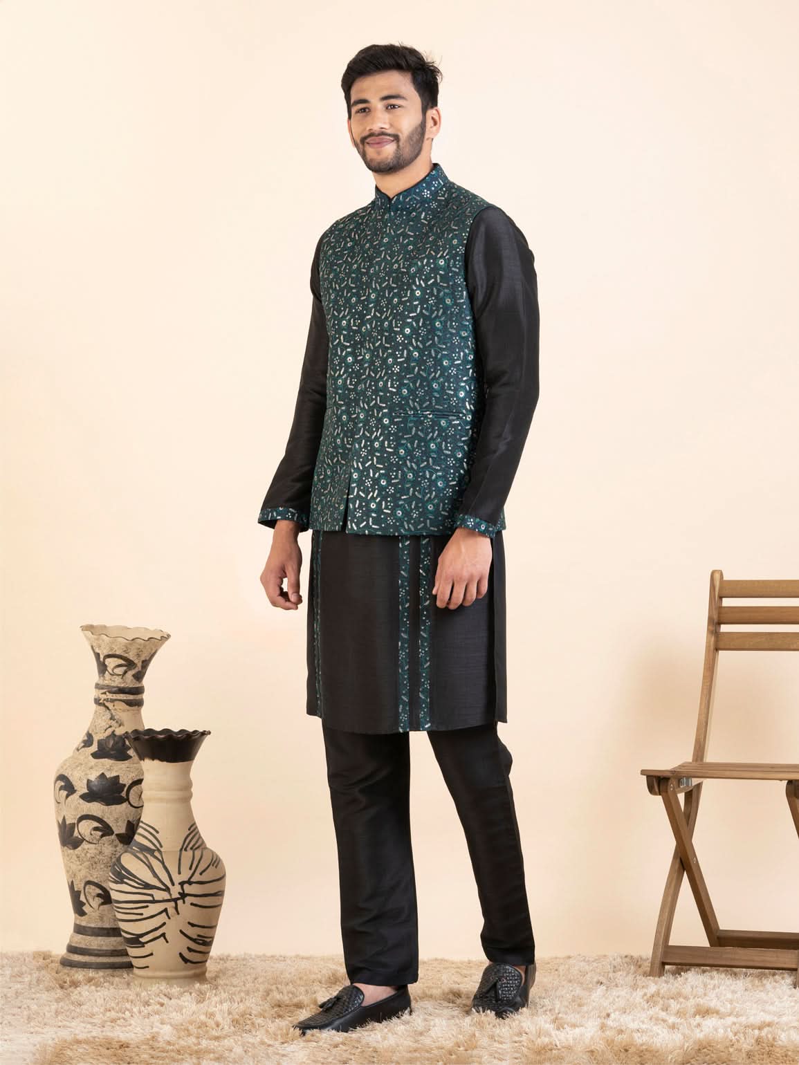 Green Embroidered  Jacket Kurta Set