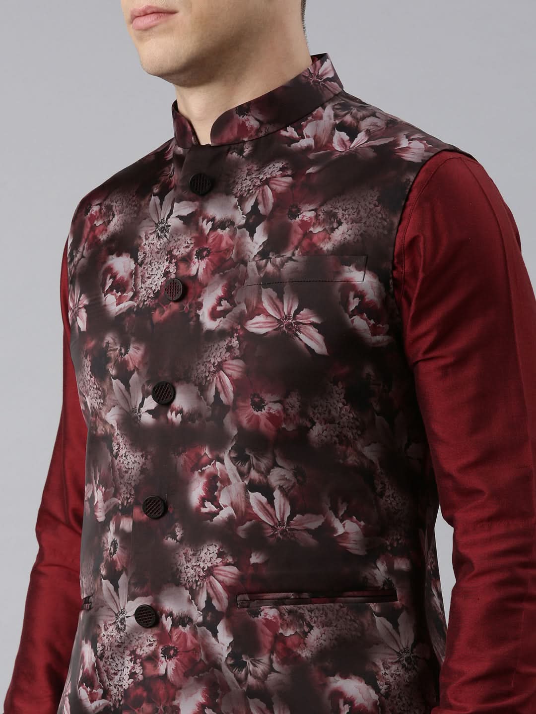 Maroon Floral Jacket With Kurta Set