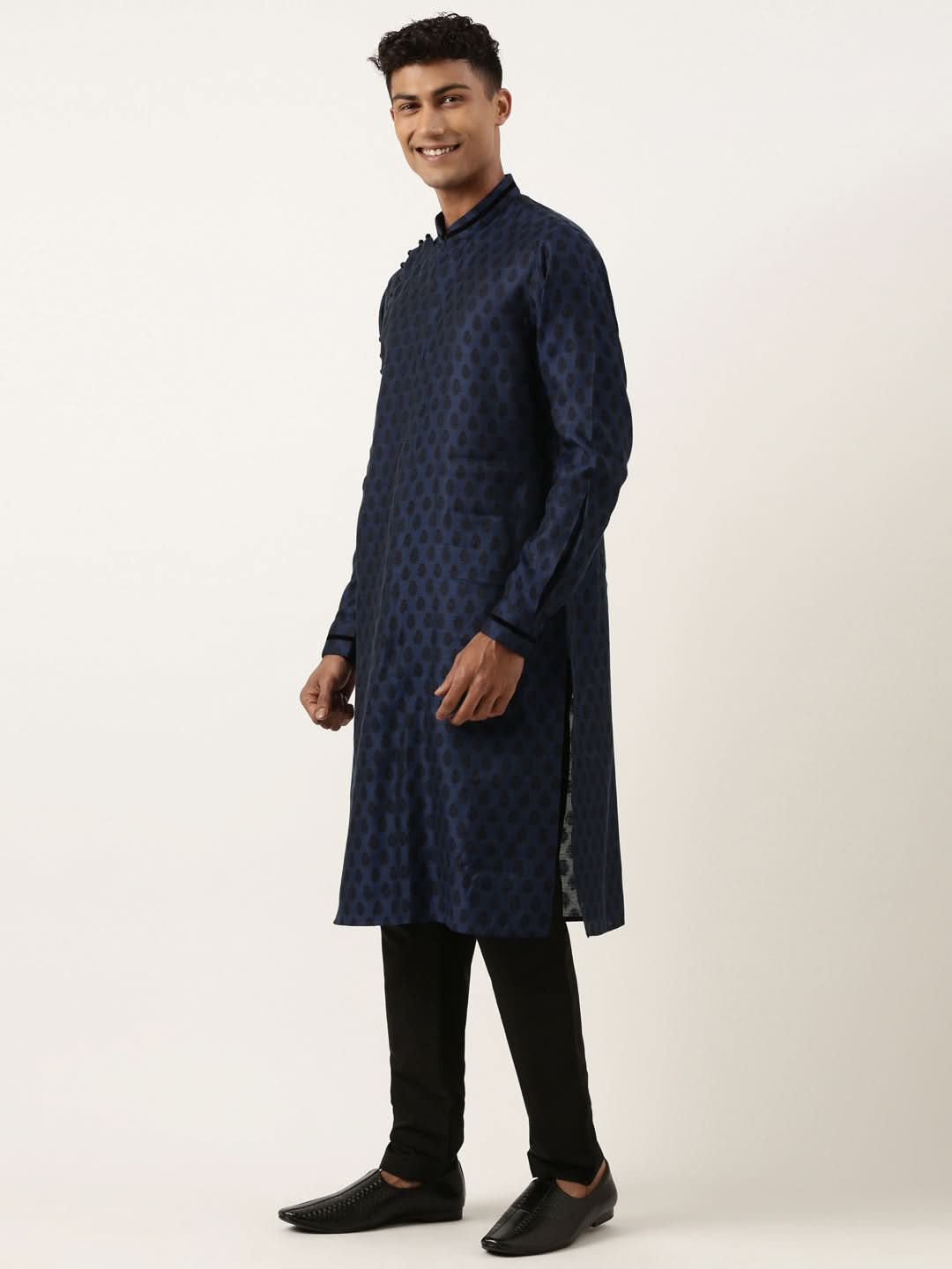 Navy Jacquard  Black Booti Chanderi Silk kurta set