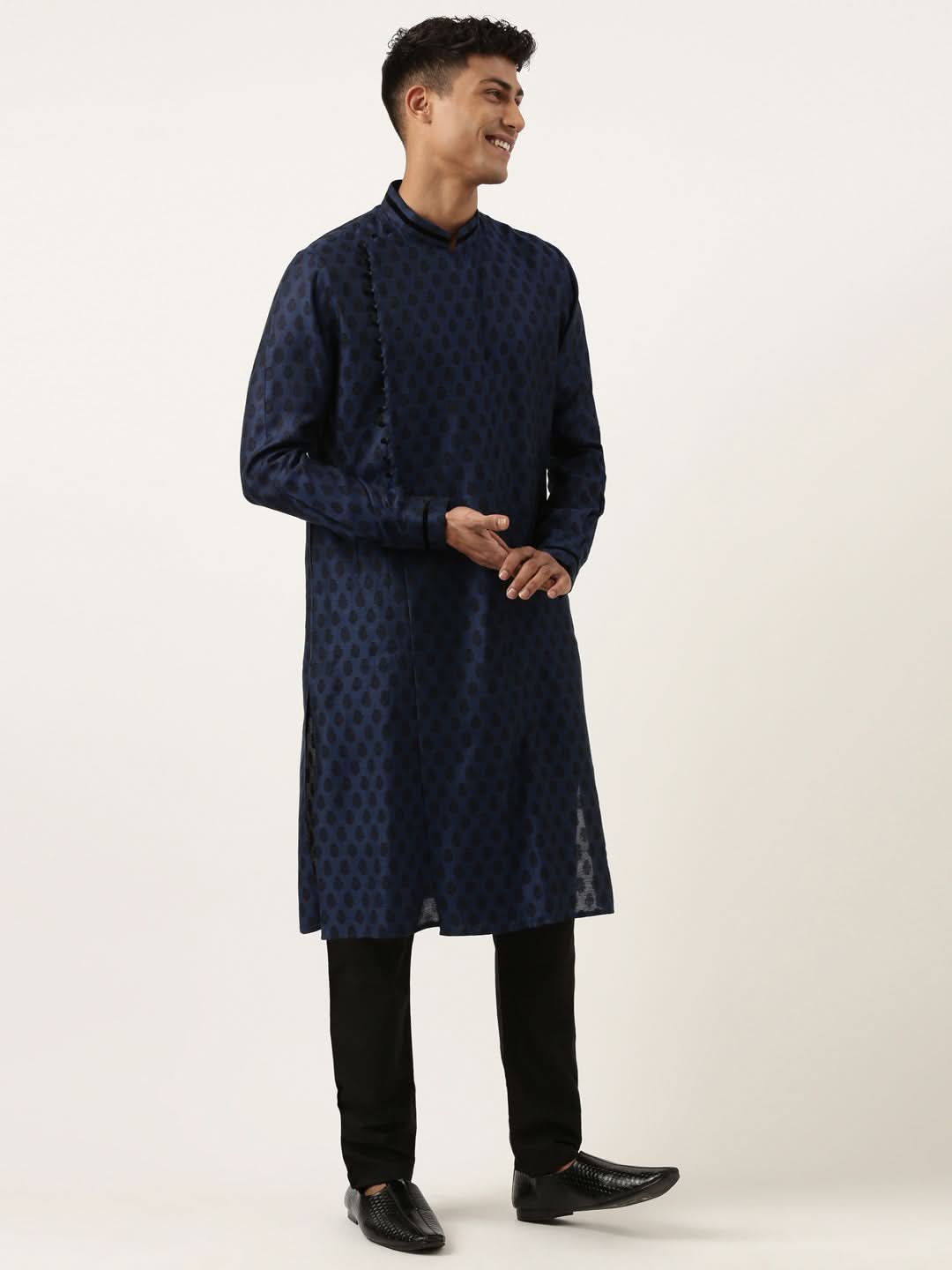 Navy Jacquard  Black Booti Chanderi Silk kurta set