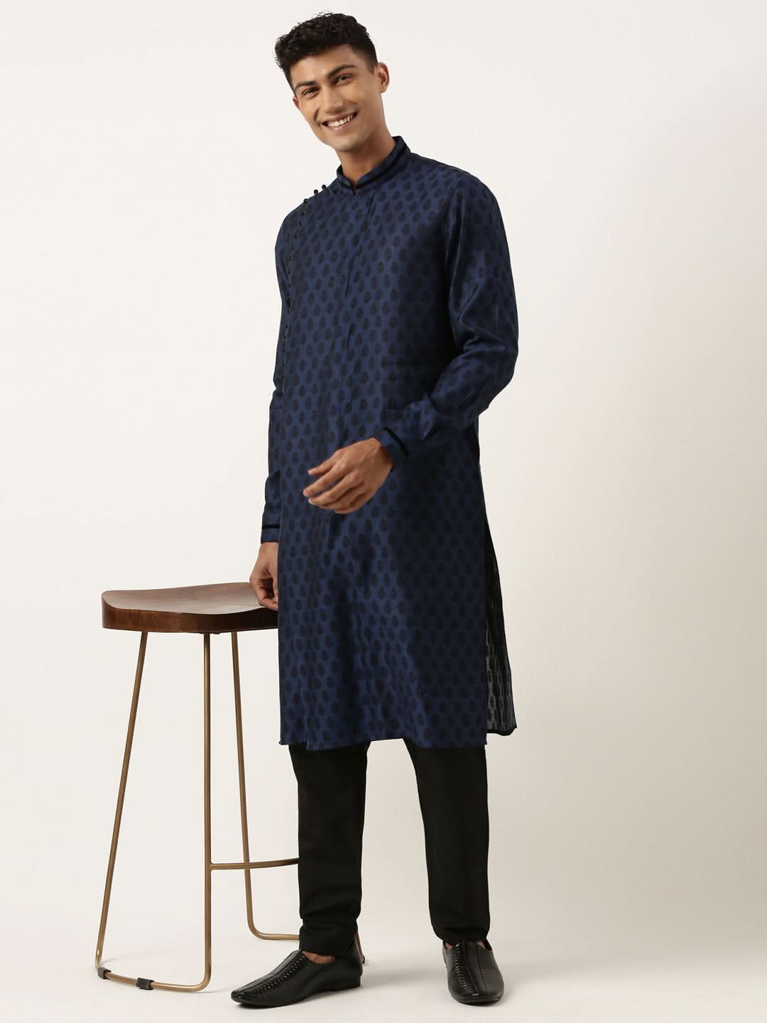 Navy Jacquard  Black Booti Chanderi Silk kurta set