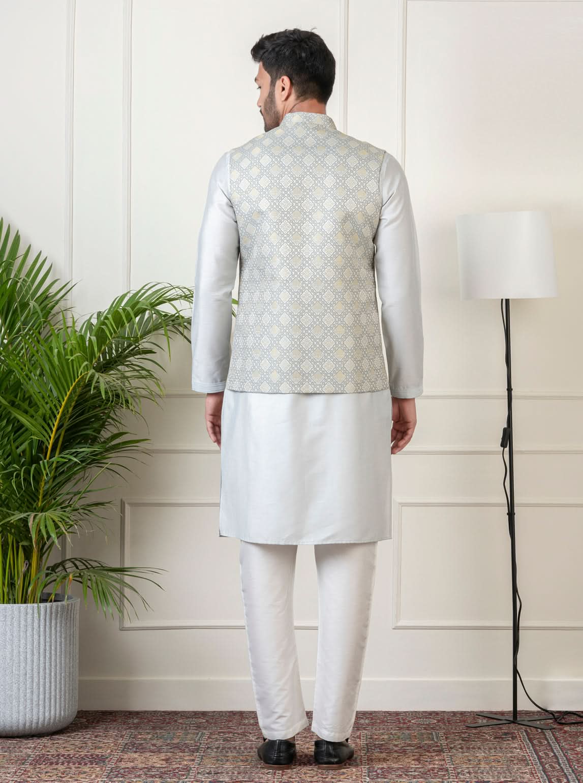 Ivory Grey Jacquard  Jacket Kurta Set