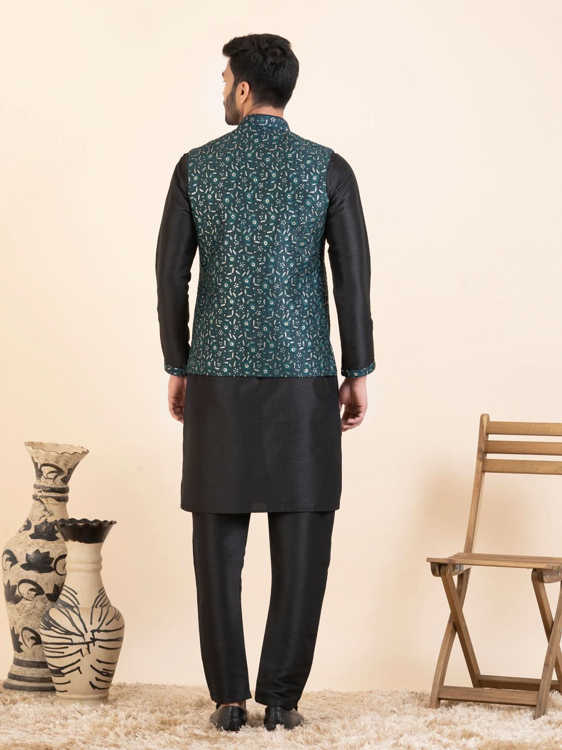 Green Embroidered  Jacket Kurta Set
