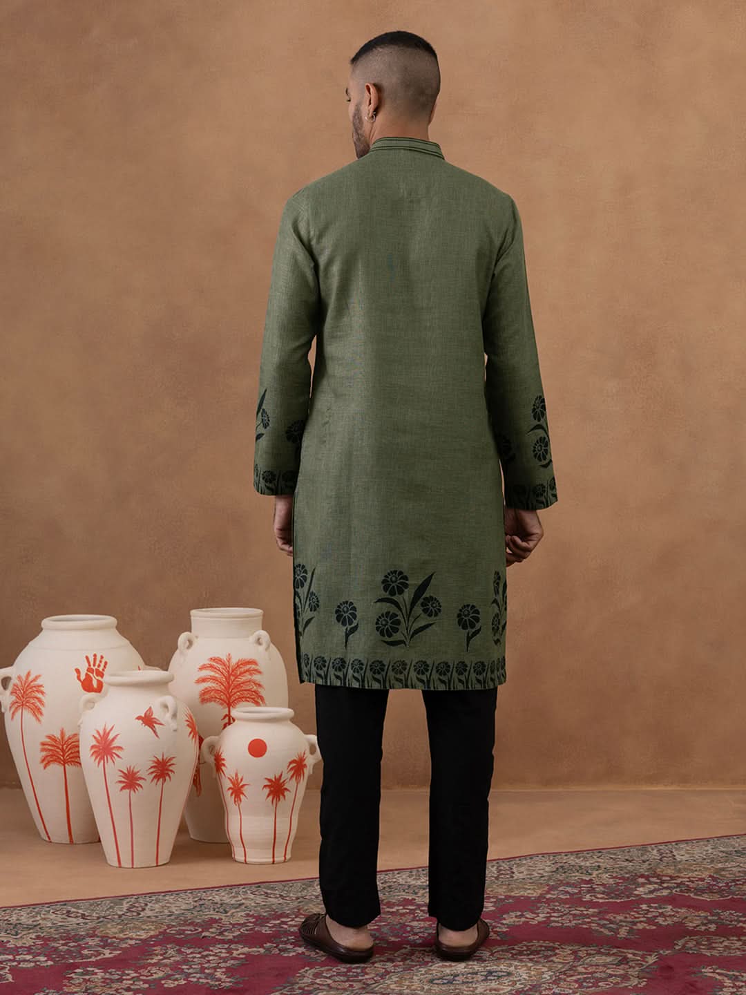 Olive Green Kurta with Black Floral Embroidery Set
