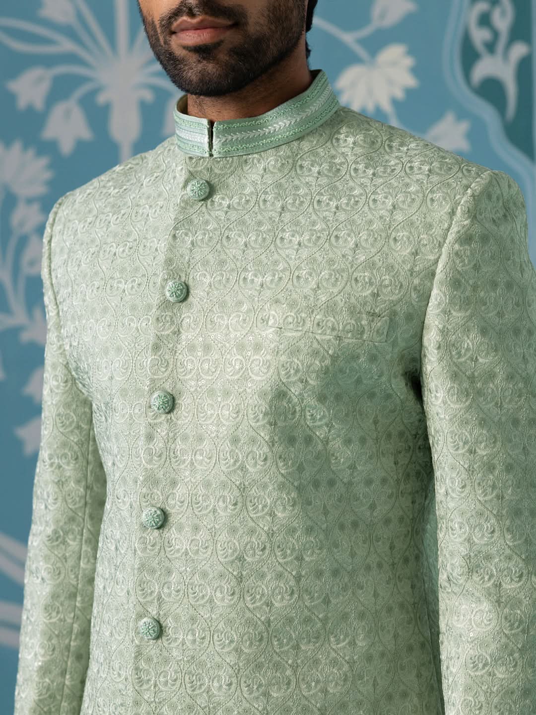 Pastel Green Textured Long Jacket Set