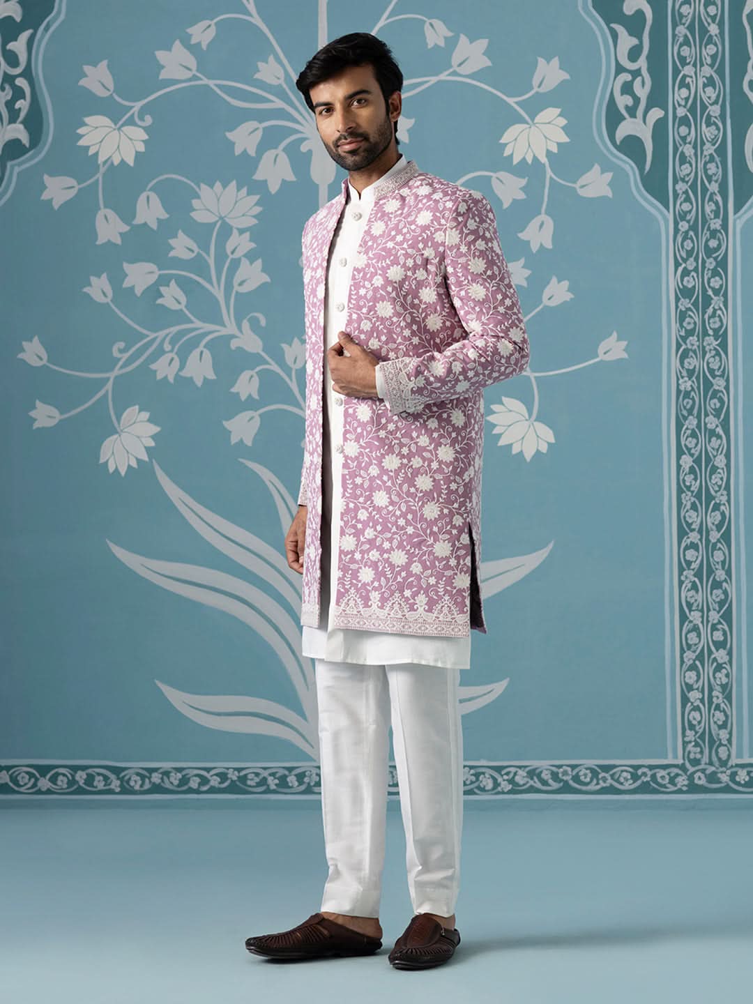 Lilac Floral Embroidered Long Jacket Set