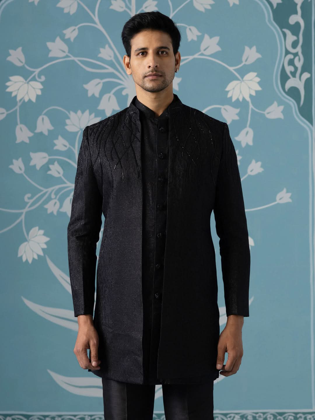 Black Textured Embroidered Open Indo Set