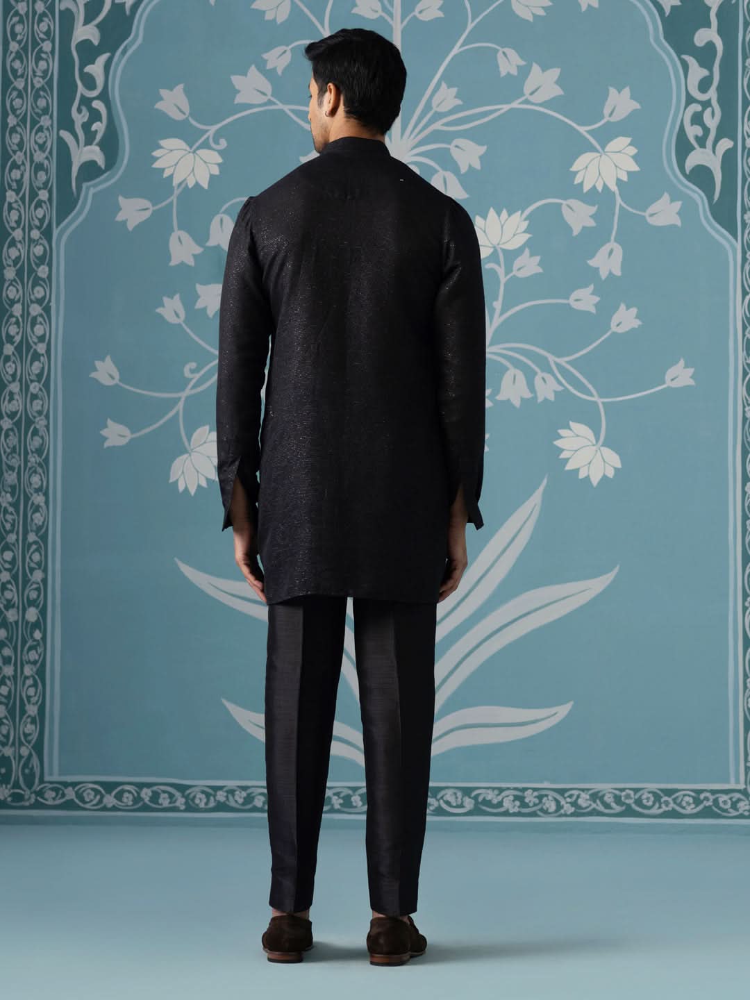 Black Textured Embroidered Open Indo Set