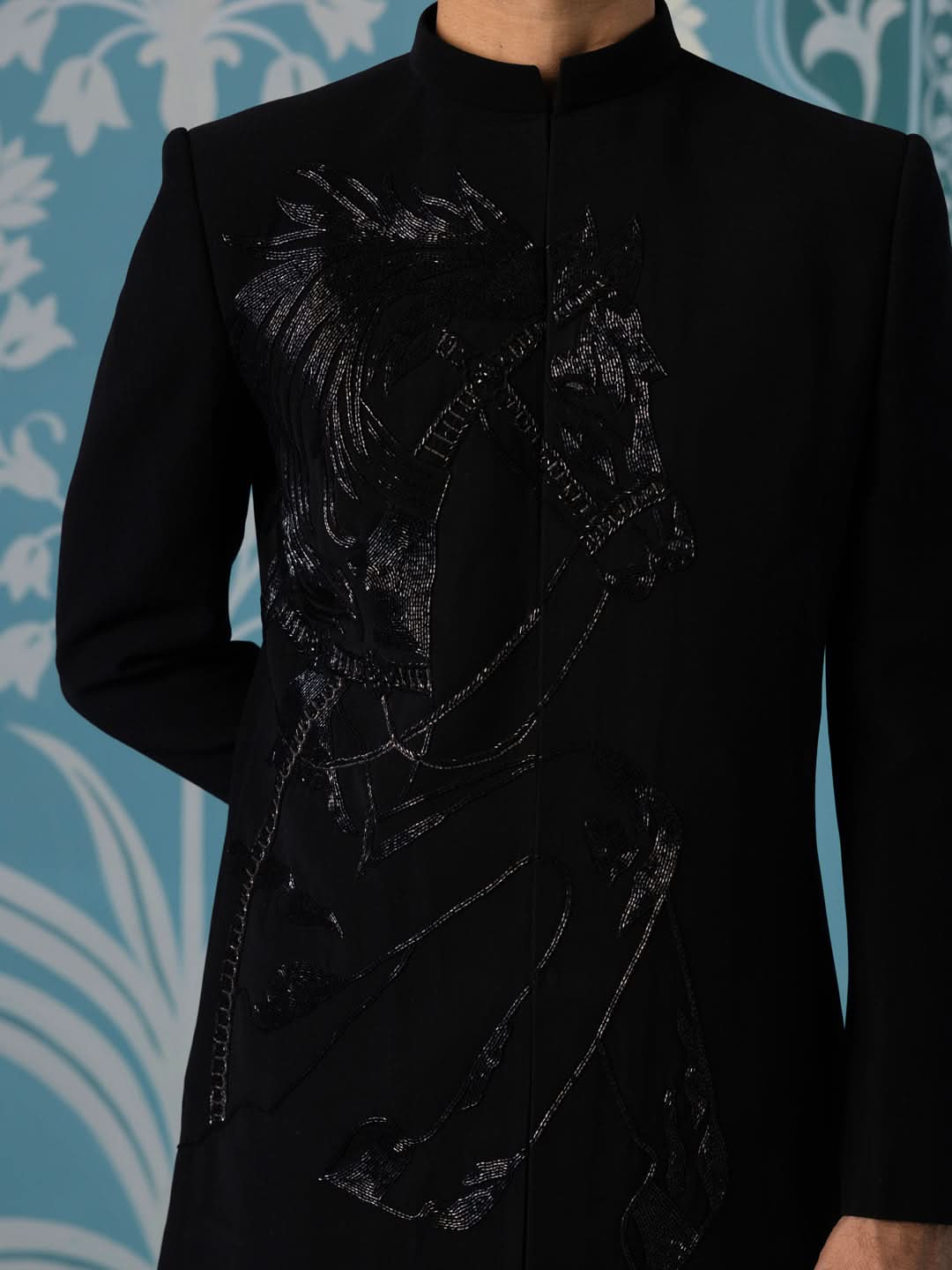 Horse embroidered black indo pant set