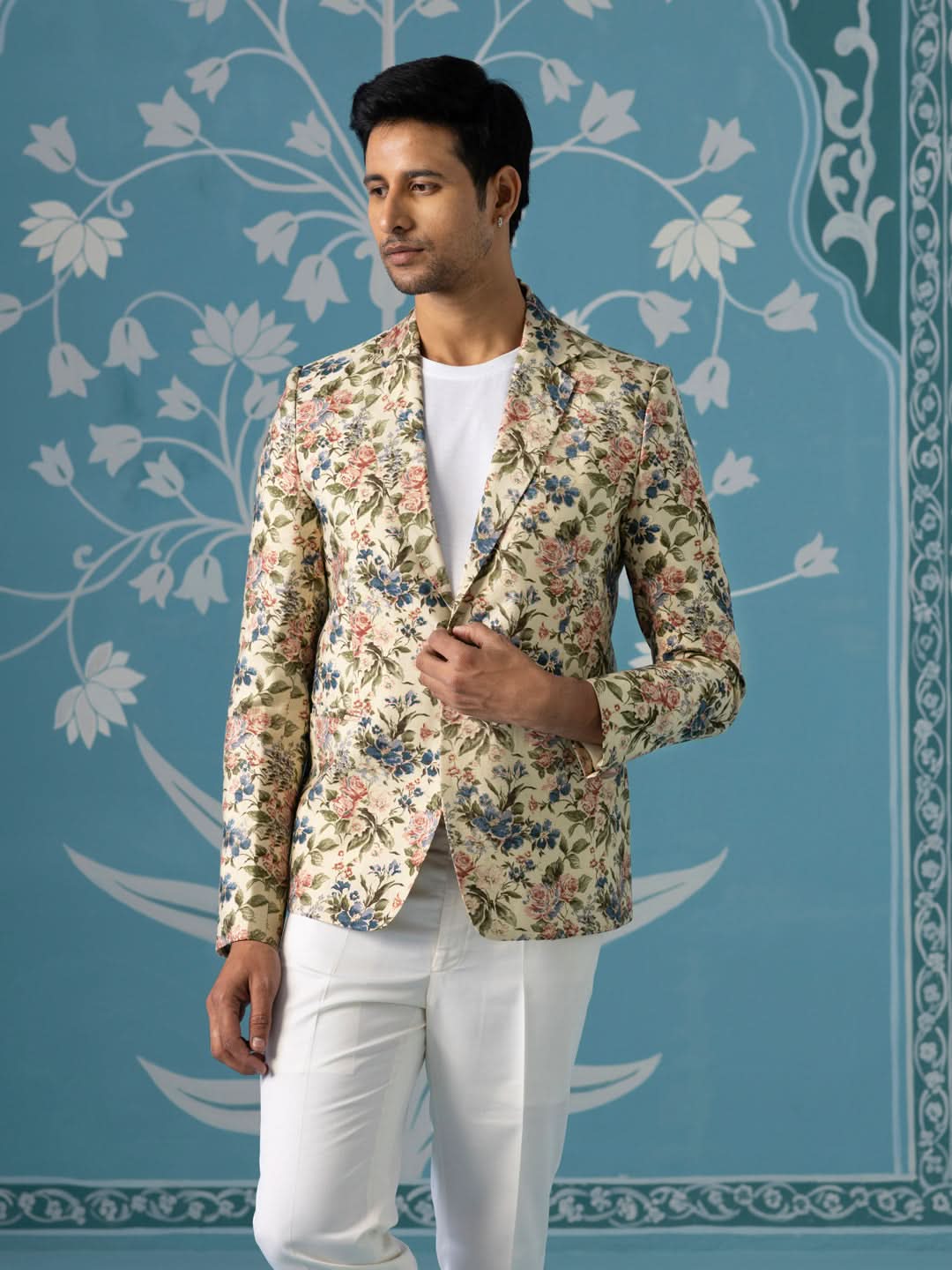 Beige Floral Printed Blazer Set