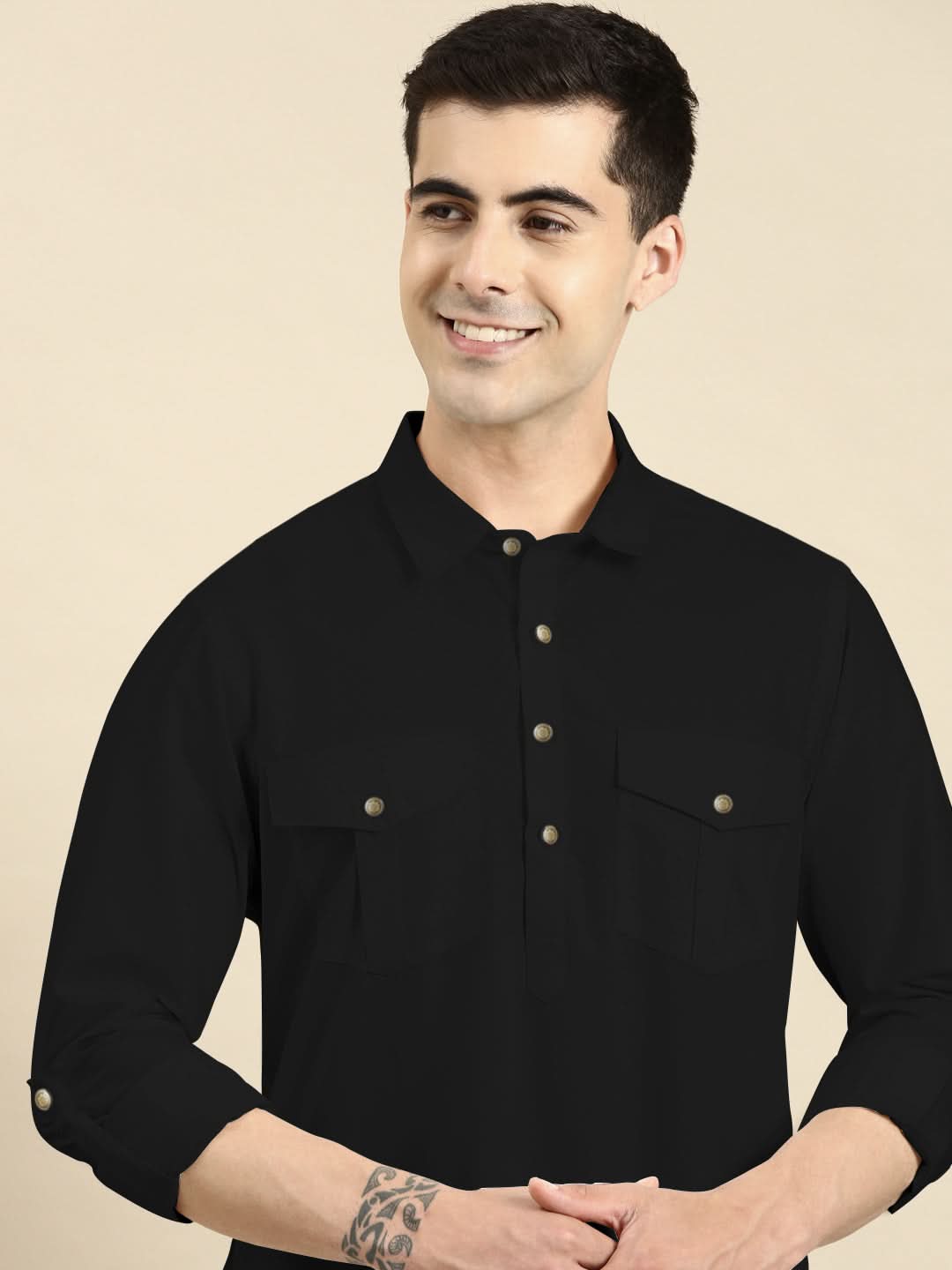 Black Fine Cotton Pathani With Salwar
