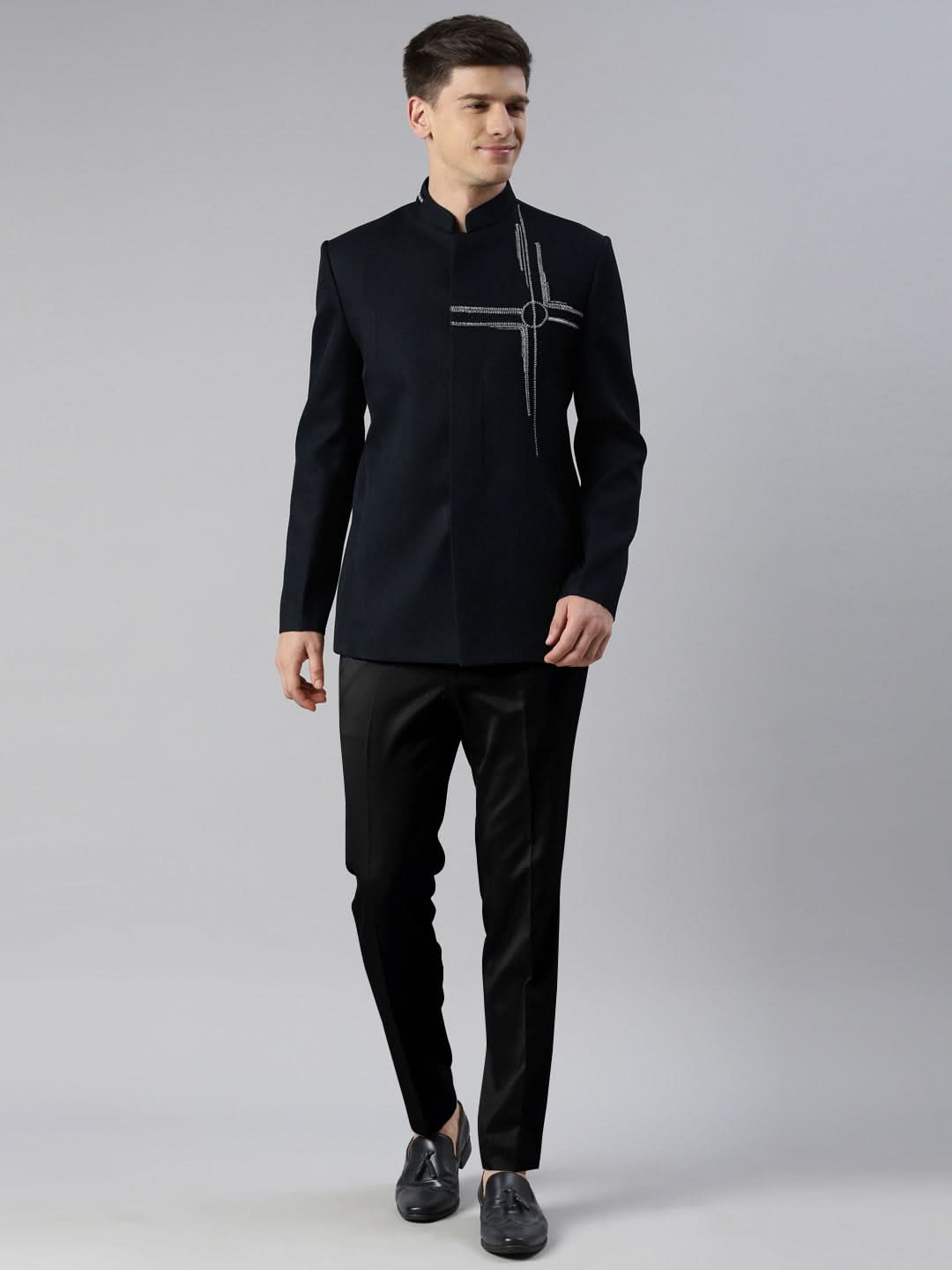 Navy Blue Embroidered Bandhgala