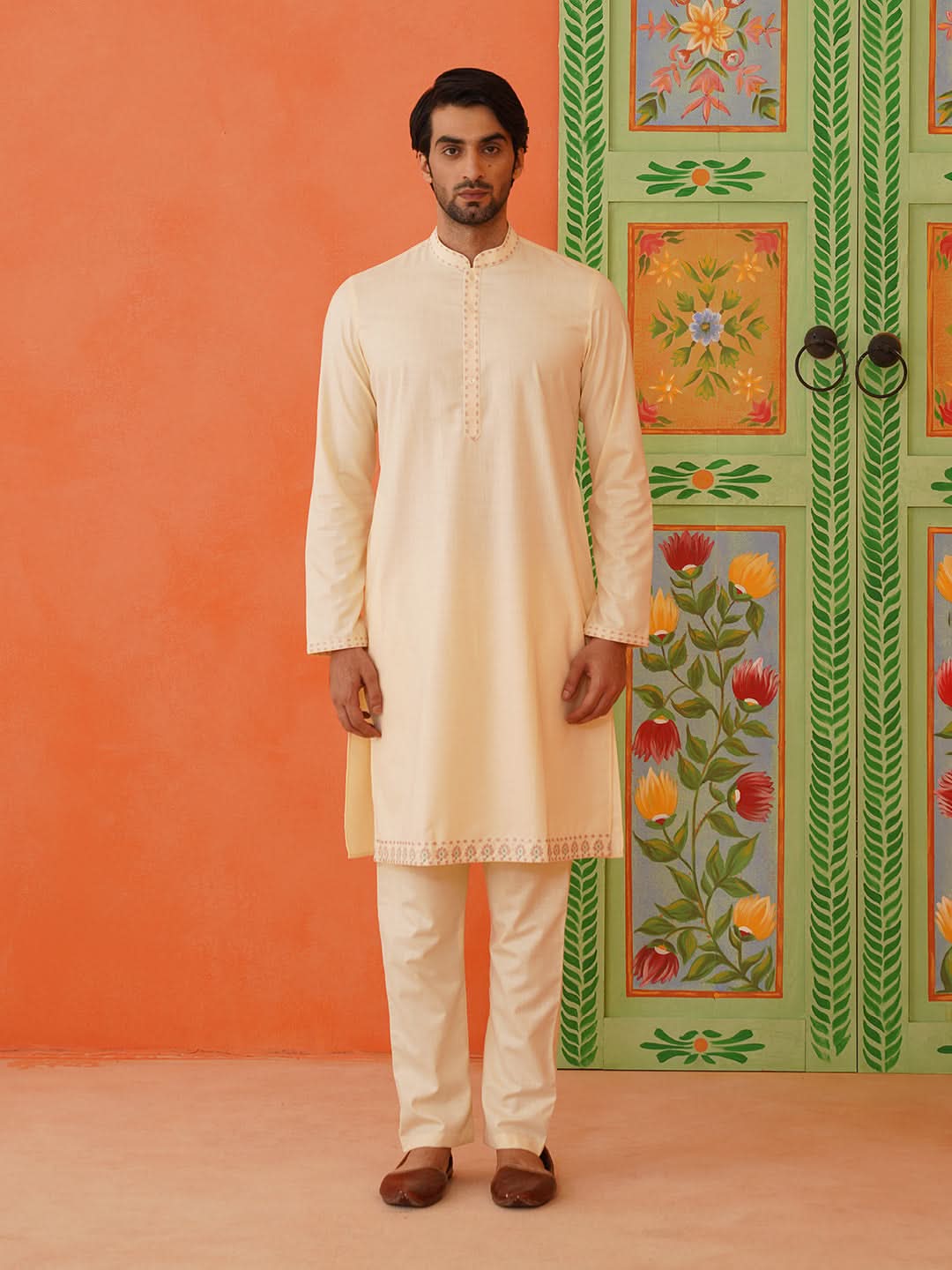 Cream Cotton Floral Embroidery Kurta Set