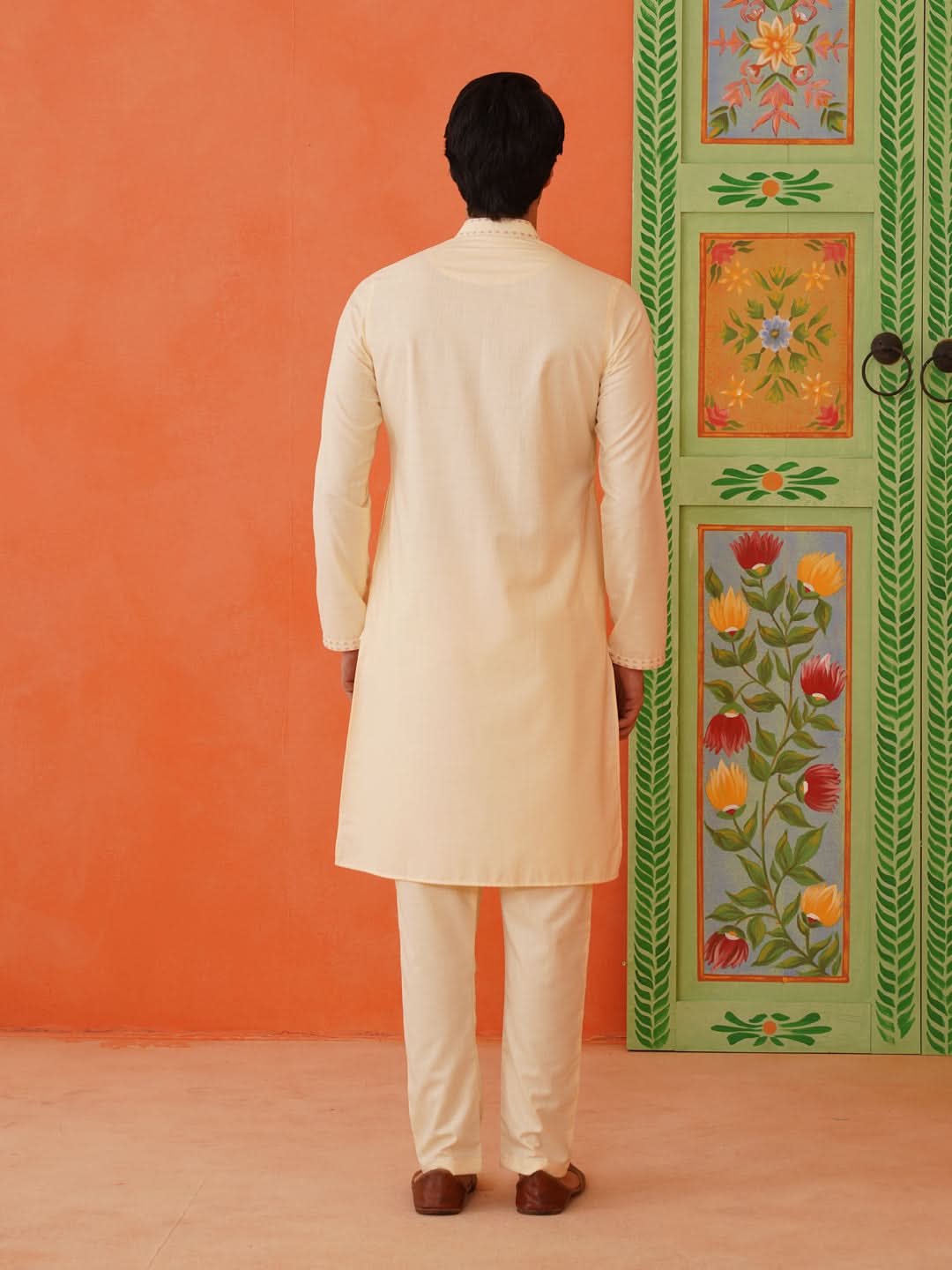 Cream Cotton Floral Embroidery Kurta Set