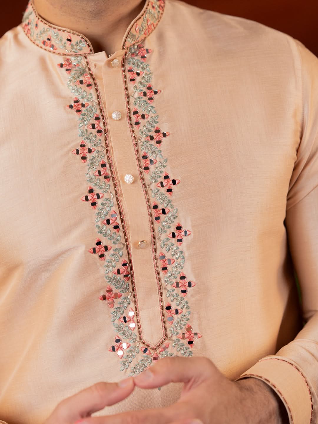 Peach art silk mirror embroidered kurta Set