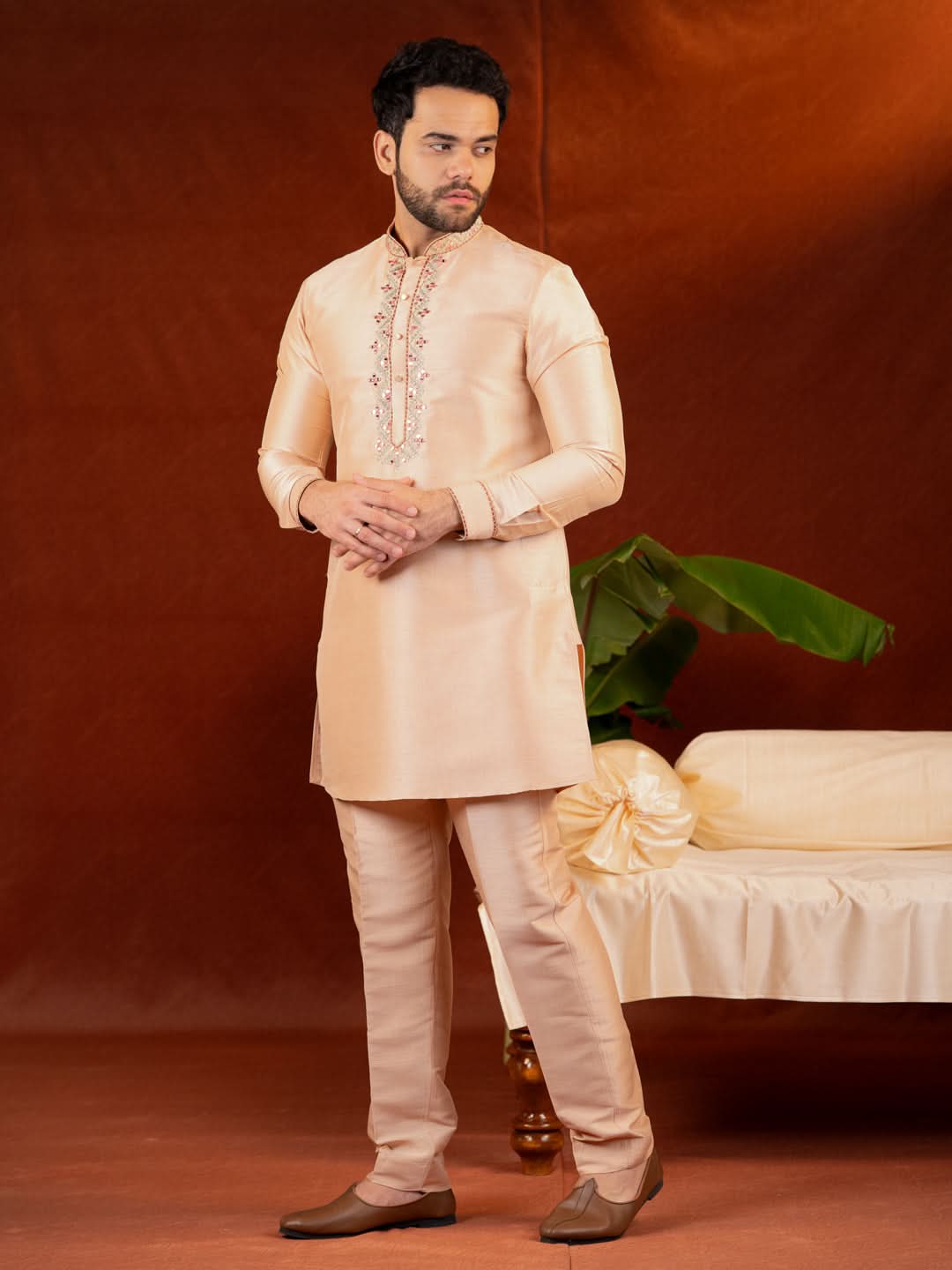 Peach art silk mirror embroidered kurta Set