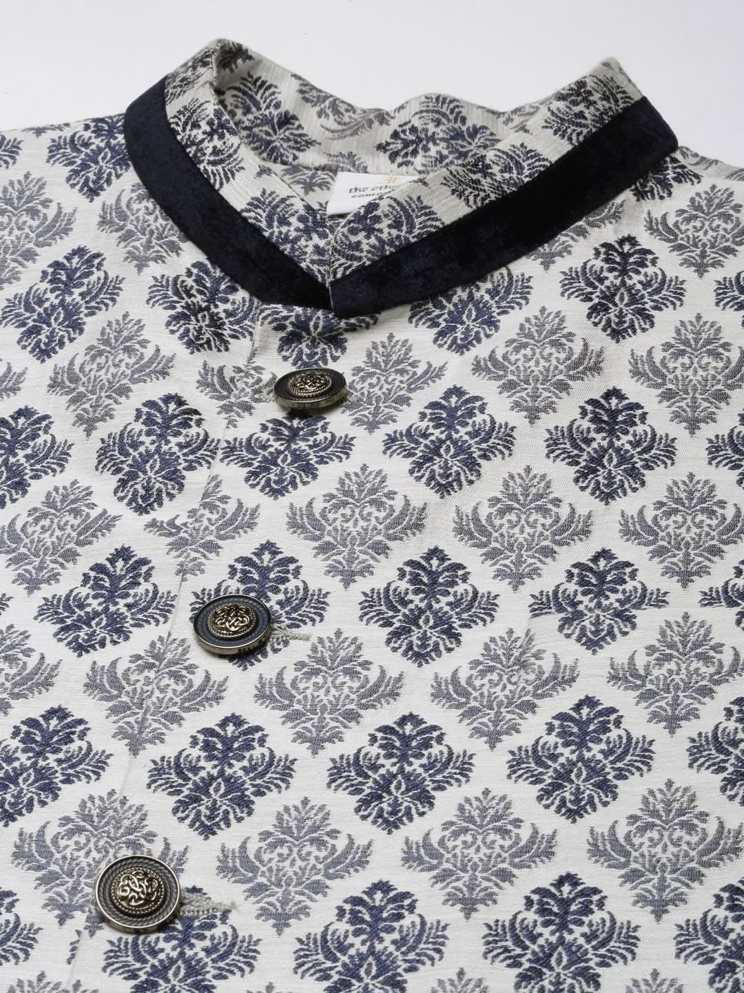 Grey Navy Jacquard Jacket With Navy Kurta Set