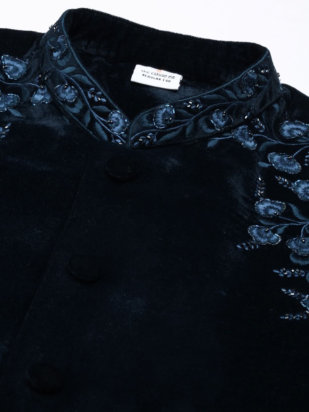 Aman Maheshwari in Navy velvet embroidery Achkan