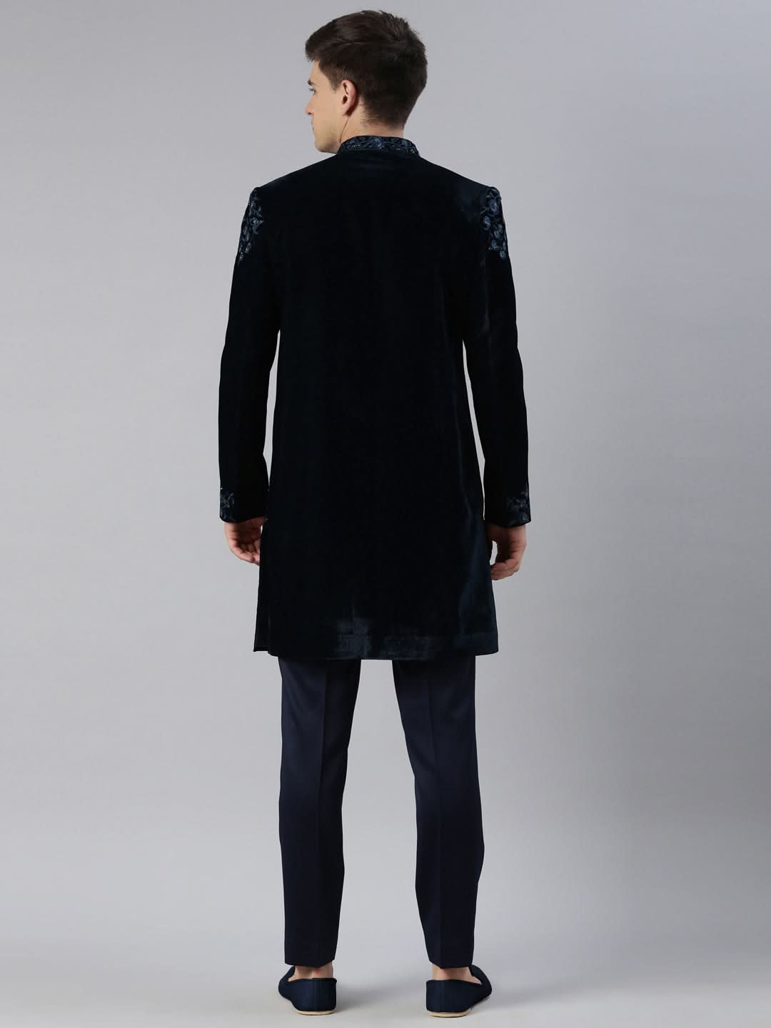Aman Maheshwari in Navy velvet embroidery Achkan