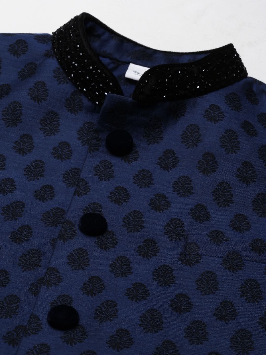 Navy Jacquard Black Booti Jacket With Kurta Set