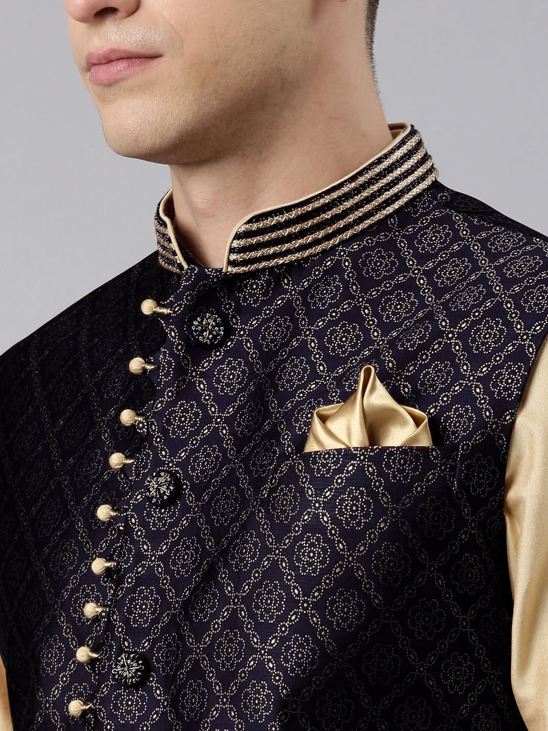 Navy Banarasi Bundi With Gold Kurta Set