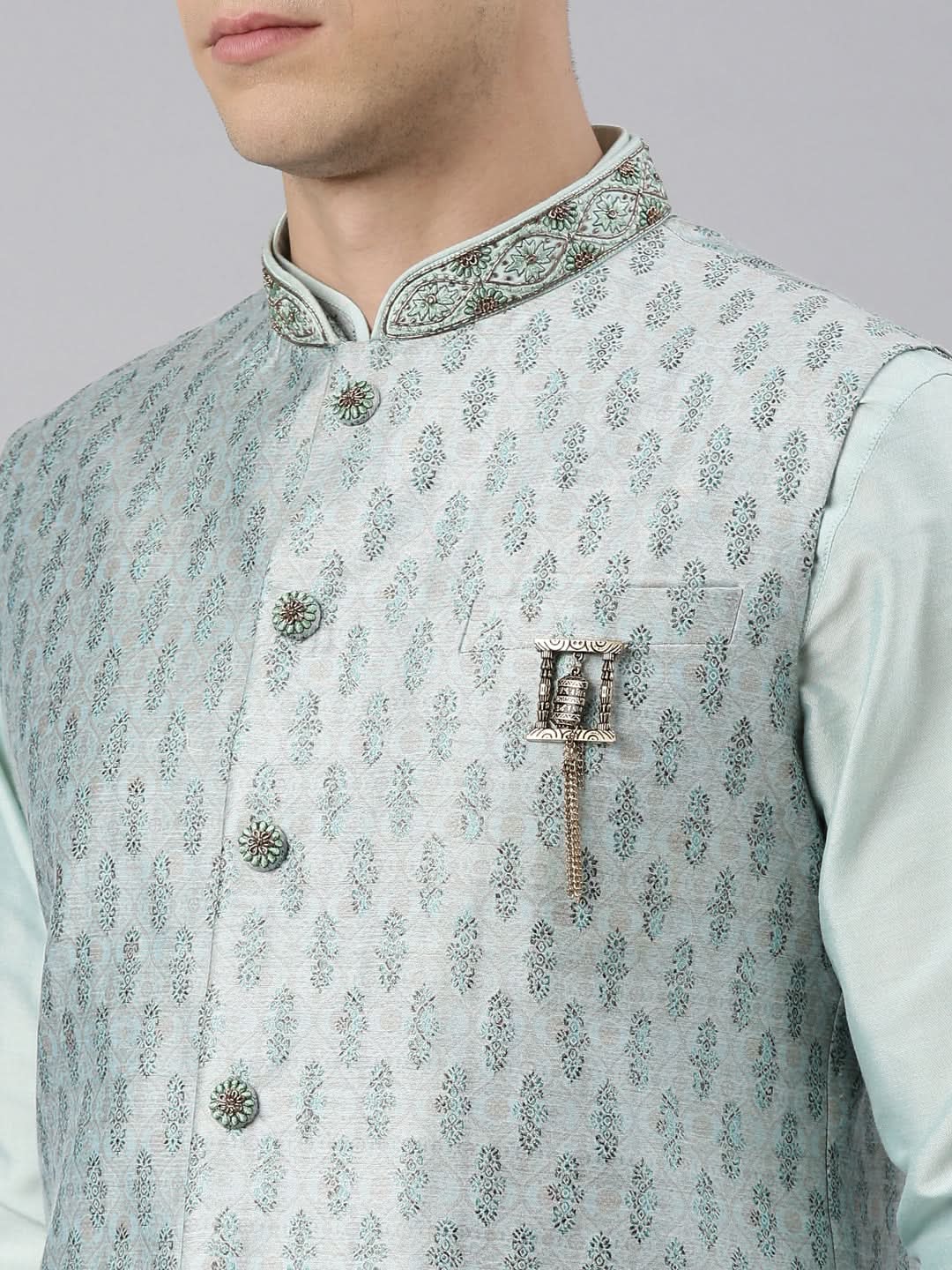 Light Blue Printed Jacquard Jacket W Light Blue Kurta