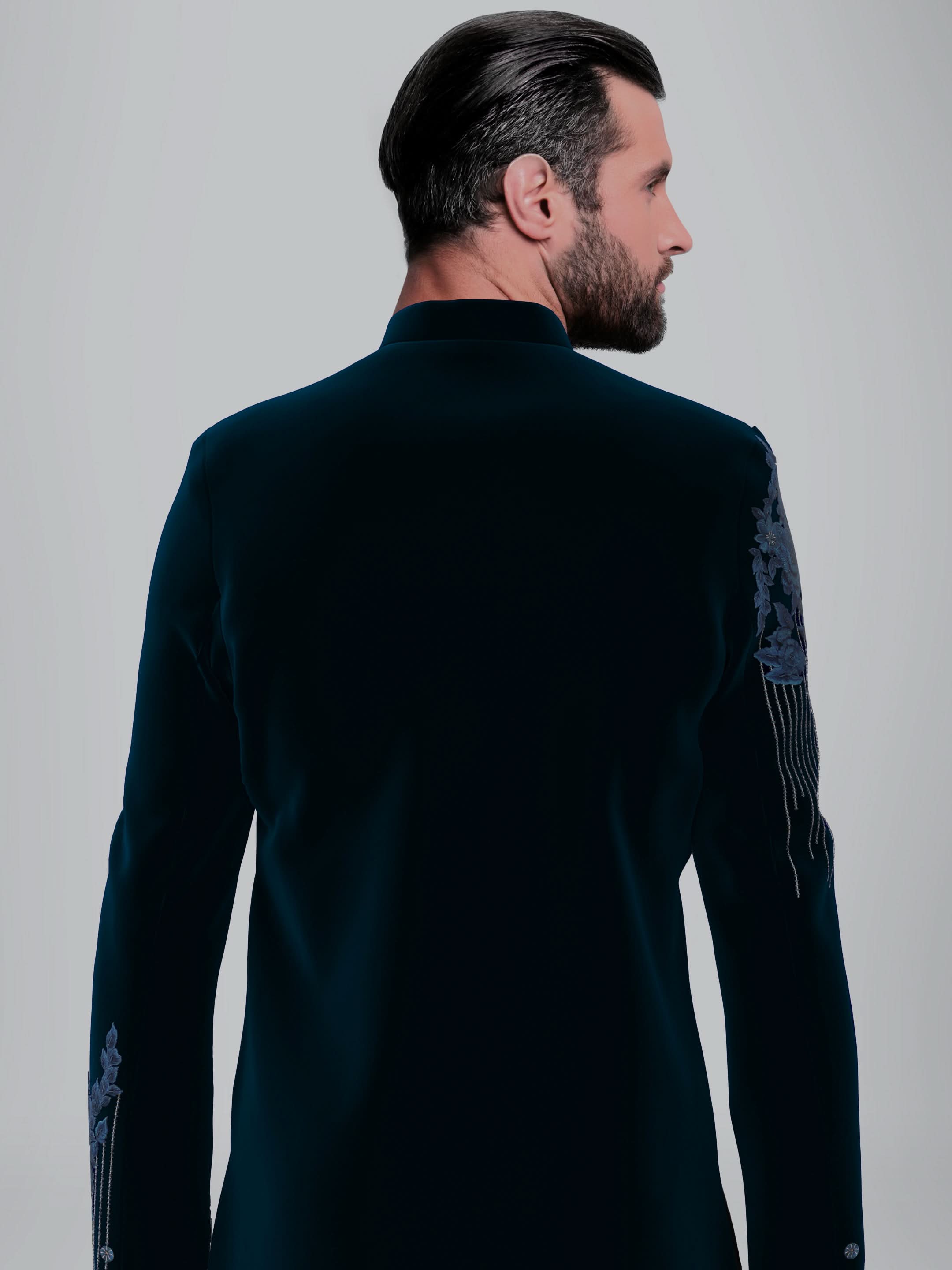 Navy velvet 3D embroidery Asymmetric Indowestern