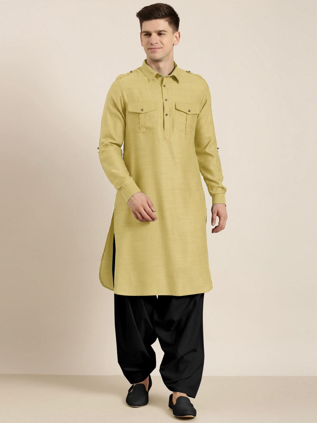 Greenish Beige cotton Pathani with Salwar