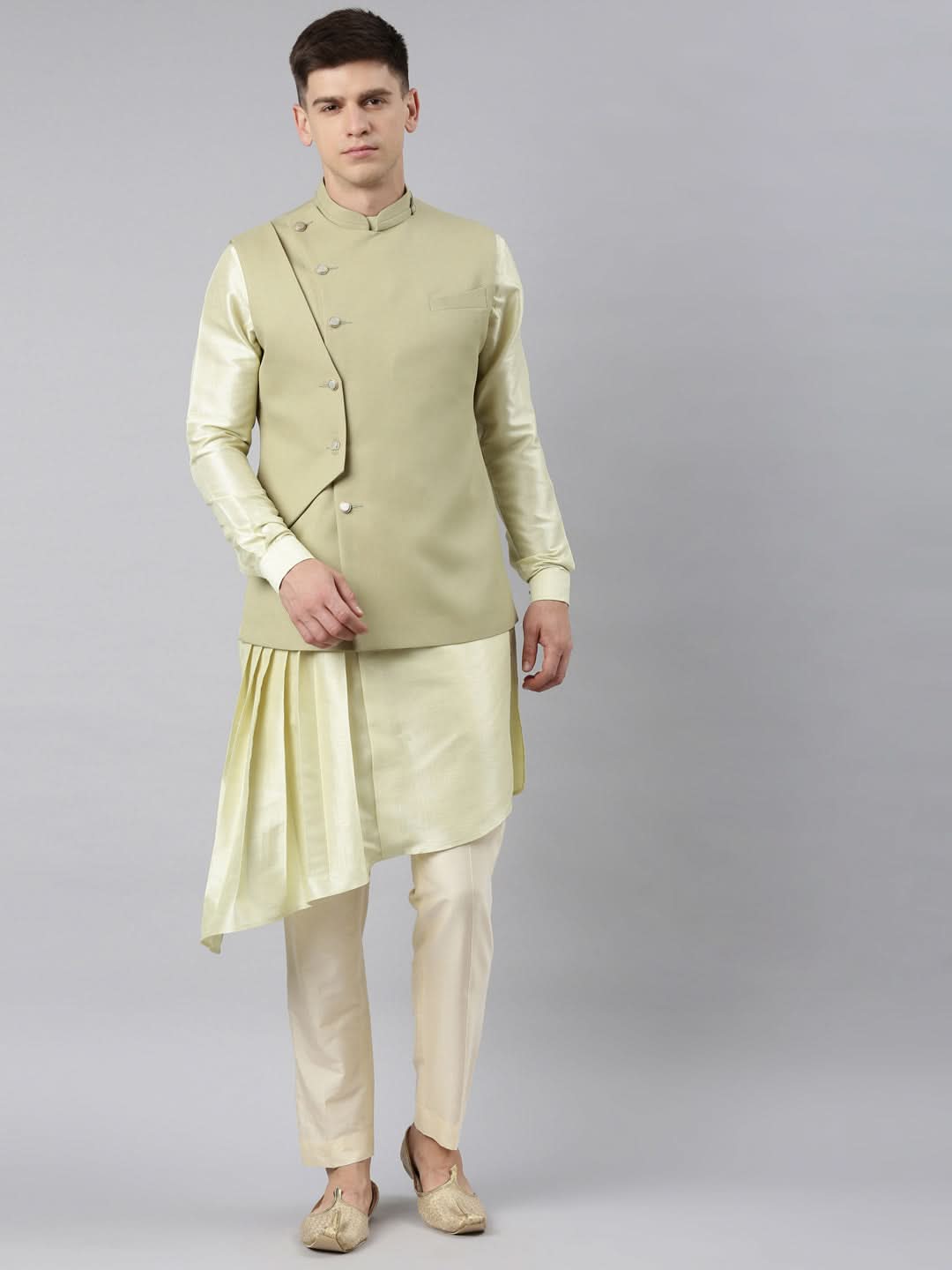 Mint Green Waistcoat Jacket With Mint Crushed Kurta