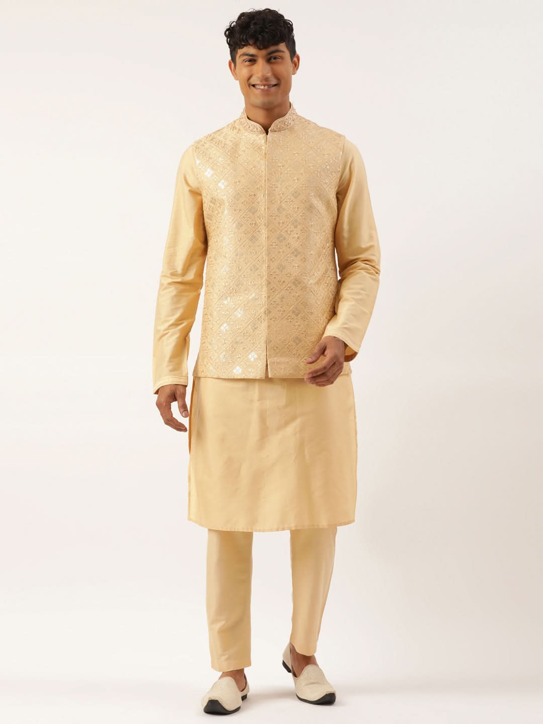 Beige Embroidered jacket kurta set