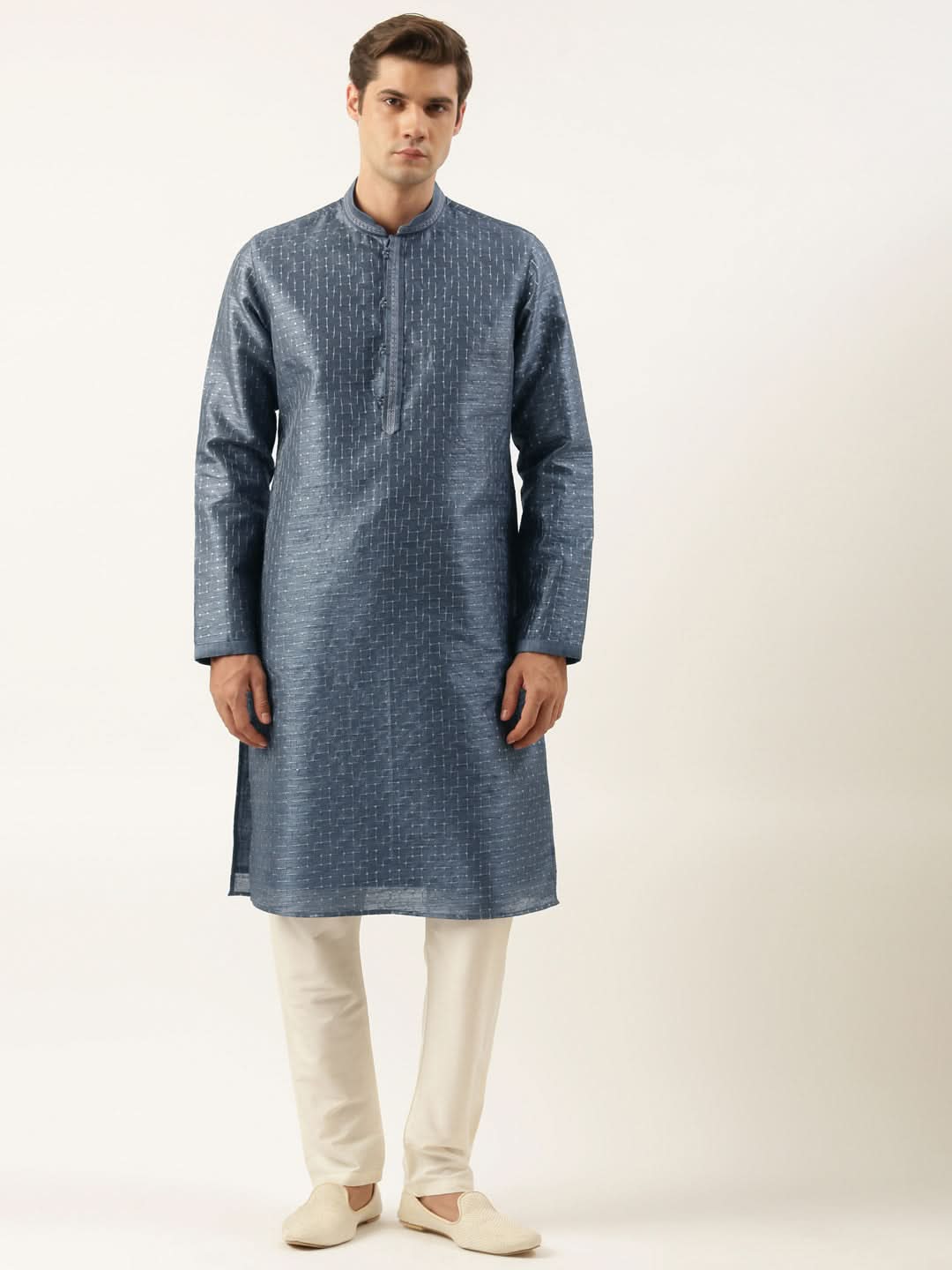 Grey Embroidered  Silk Kurta Set
