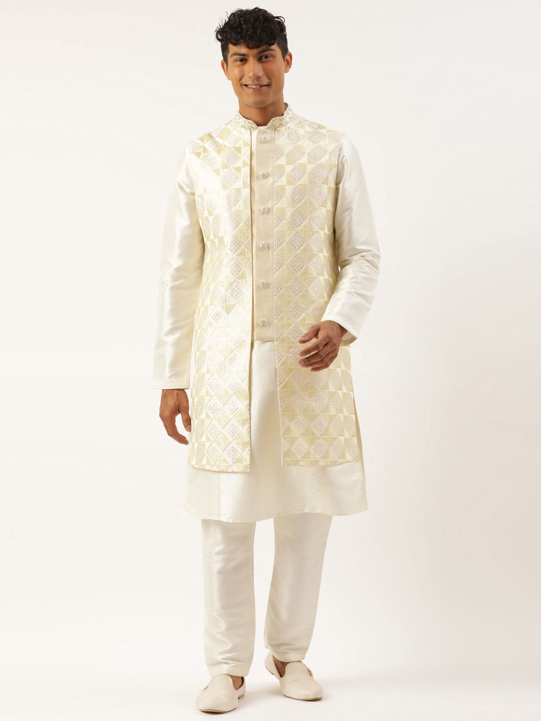 Cream  Embroiderd Layered Long Jacket Kurta Set