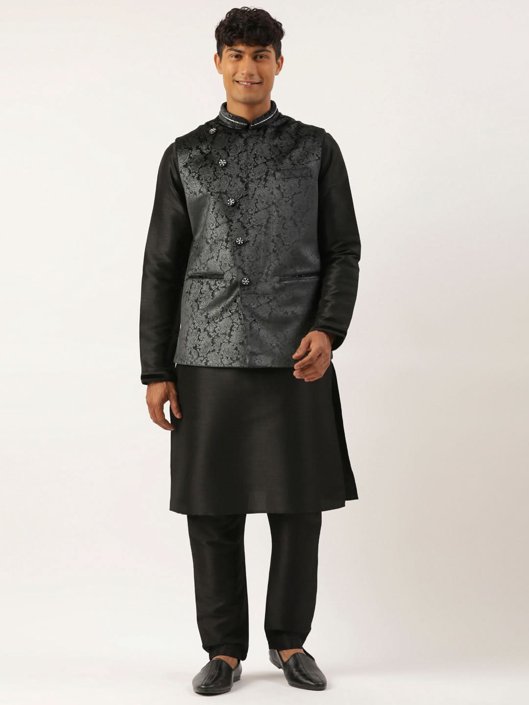 Black Velvet Jacquard Jacket Kurta Set