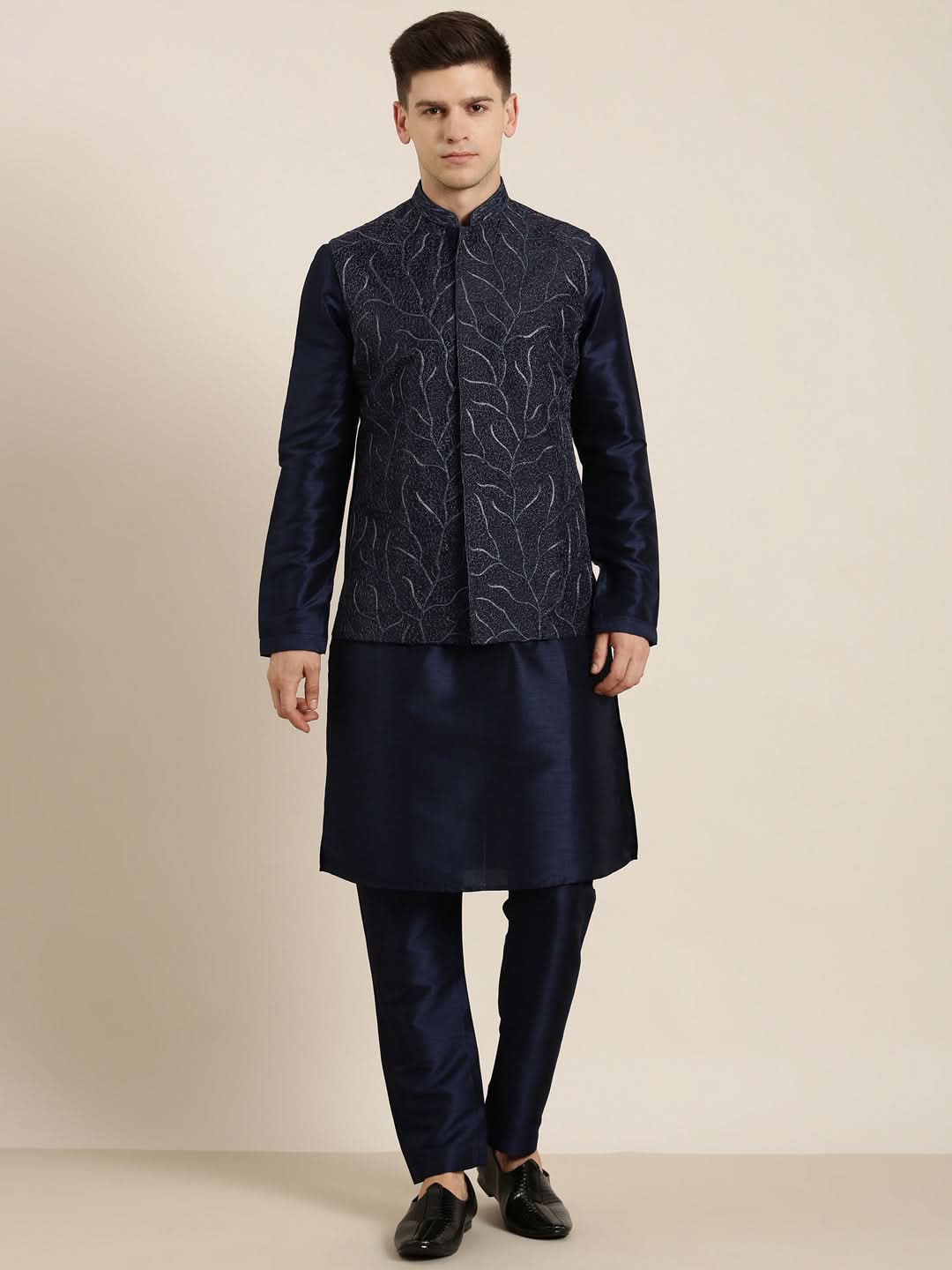 Navy Embroidered Jacket Kurta Set