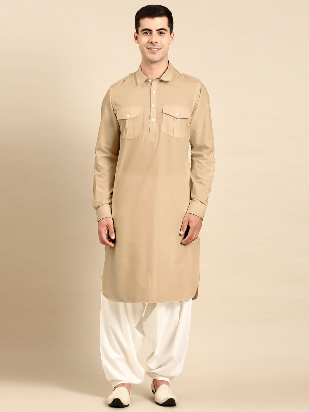Beige fine Cotton Pathani with Salwar