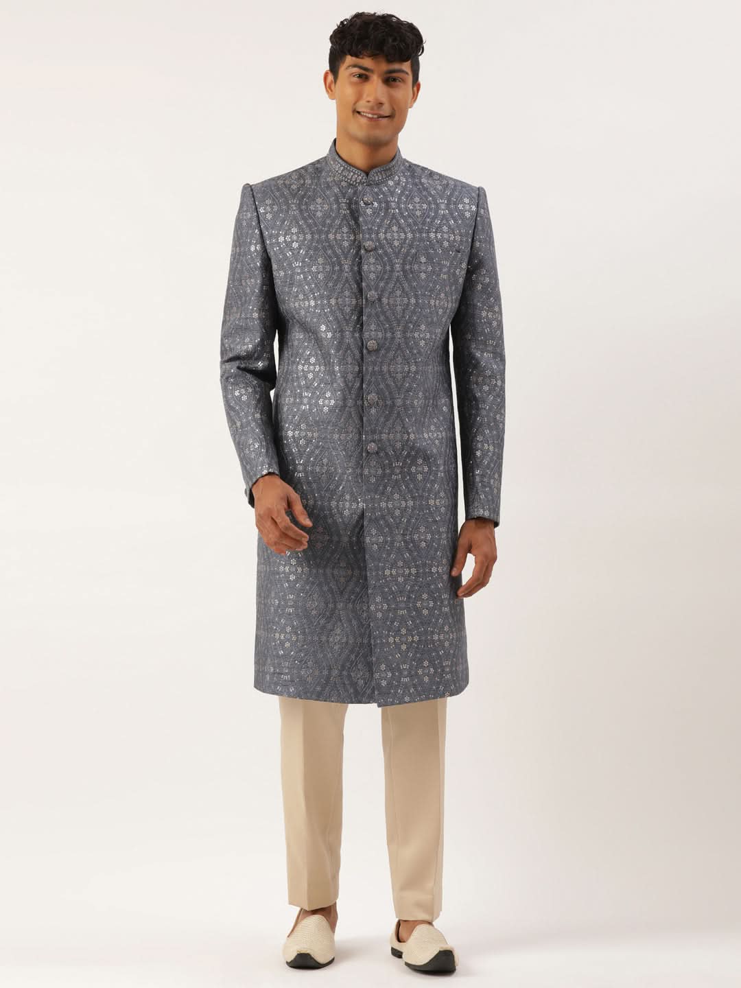 Grey silk Embroidered  Indowestern