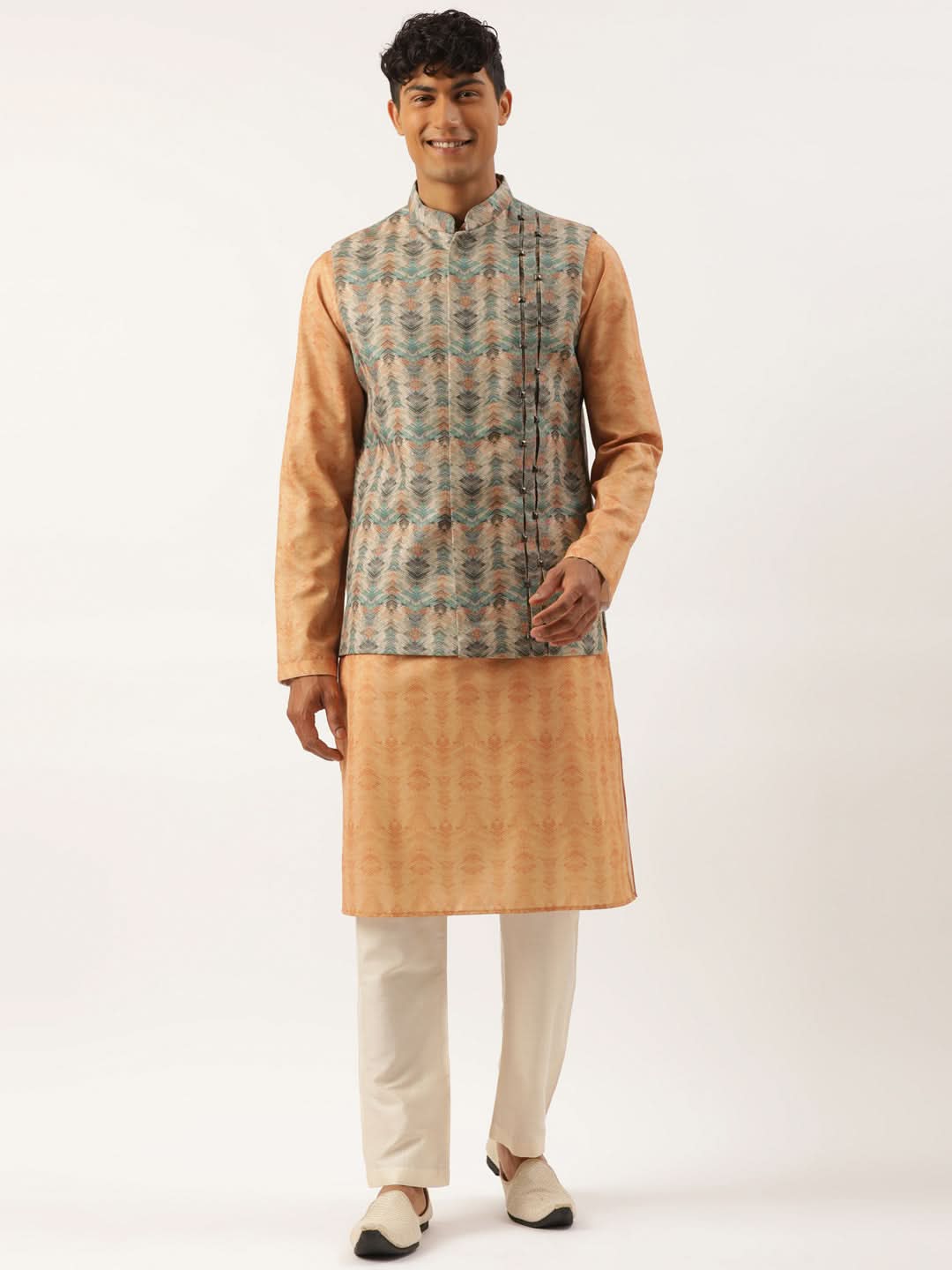 Beige Pleated Bundi With Kurta Set