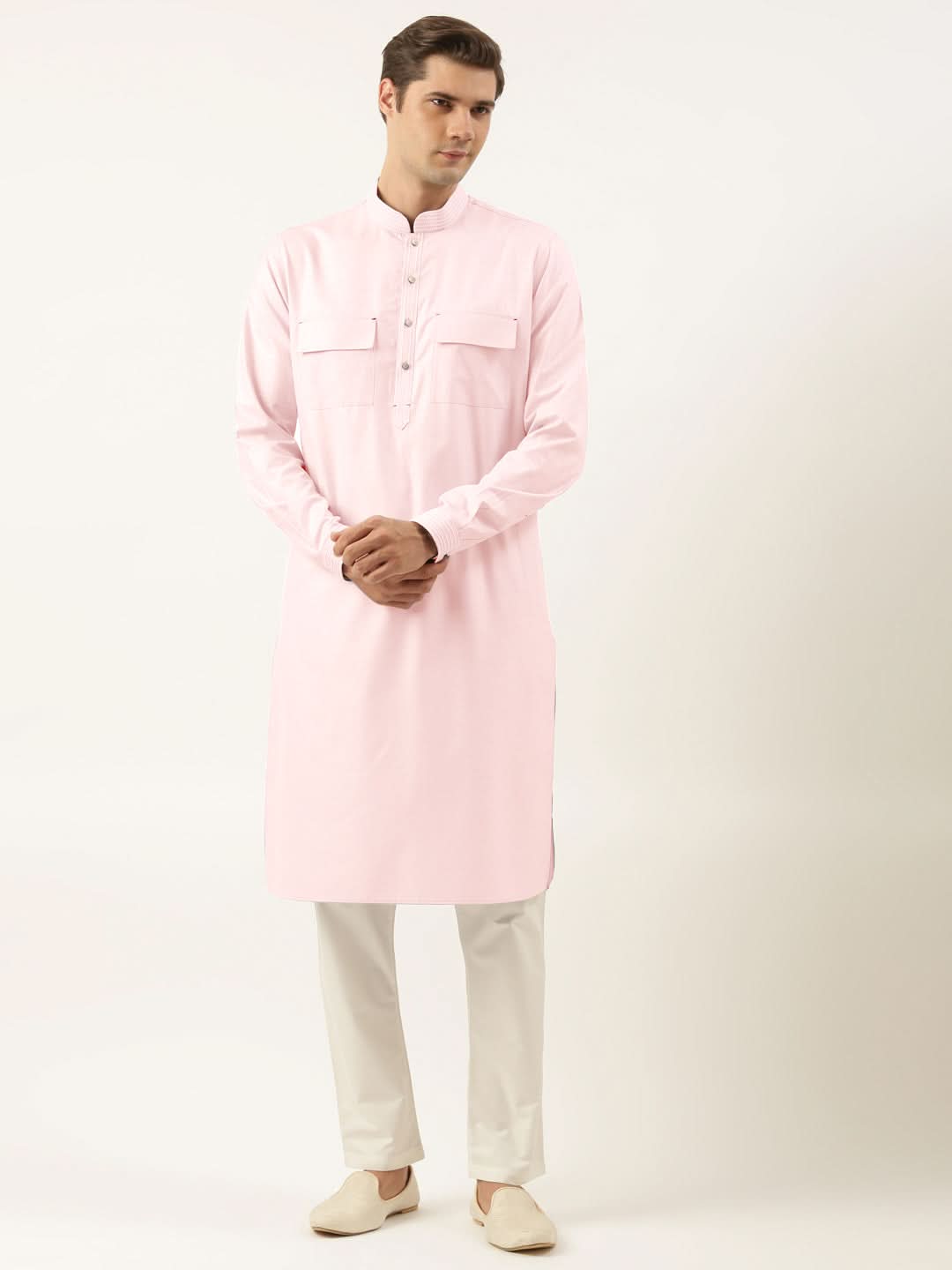 Baby Pink Pure Cotton Pathani Kurta Set with Patch pocket