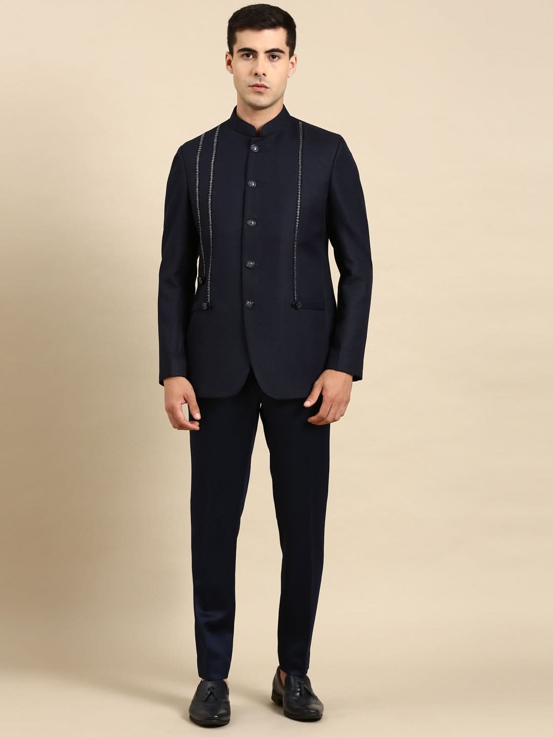 Navy Embroidered Bandhgala with velvet Detailing