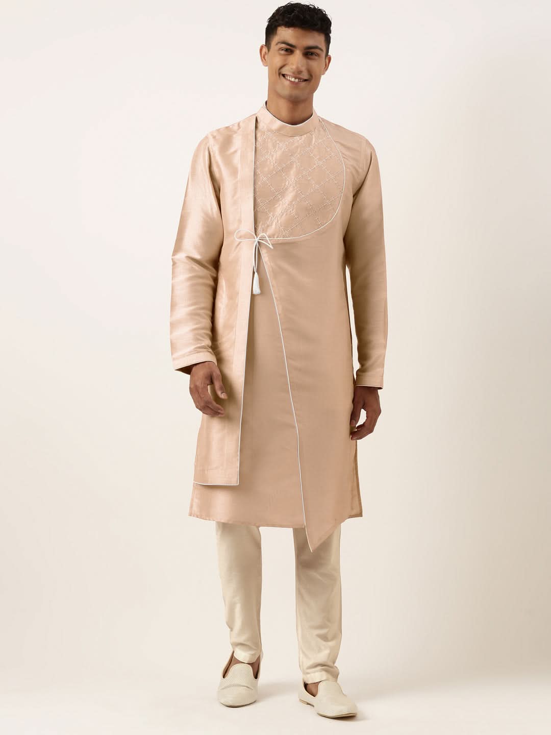 Peach Embroidery Angrakha Kurta Set