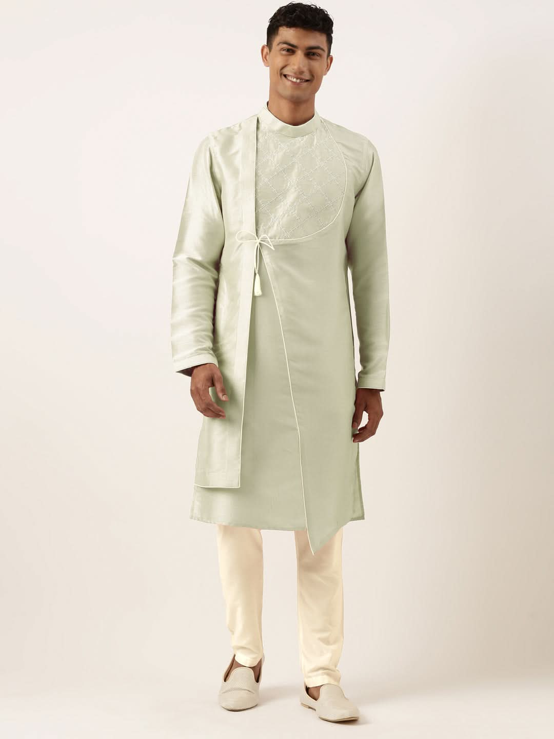 Pistachio Green Embroidery Angrakha Kurta Set