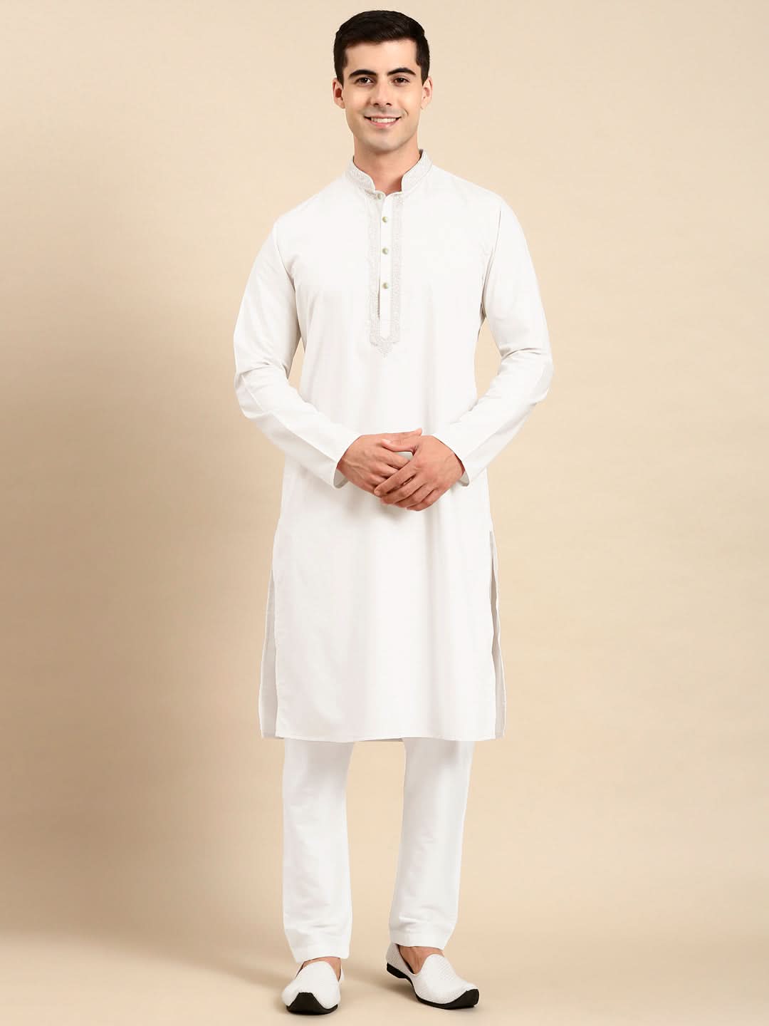 Off White Cotton Dori Embroidered Kurta Set